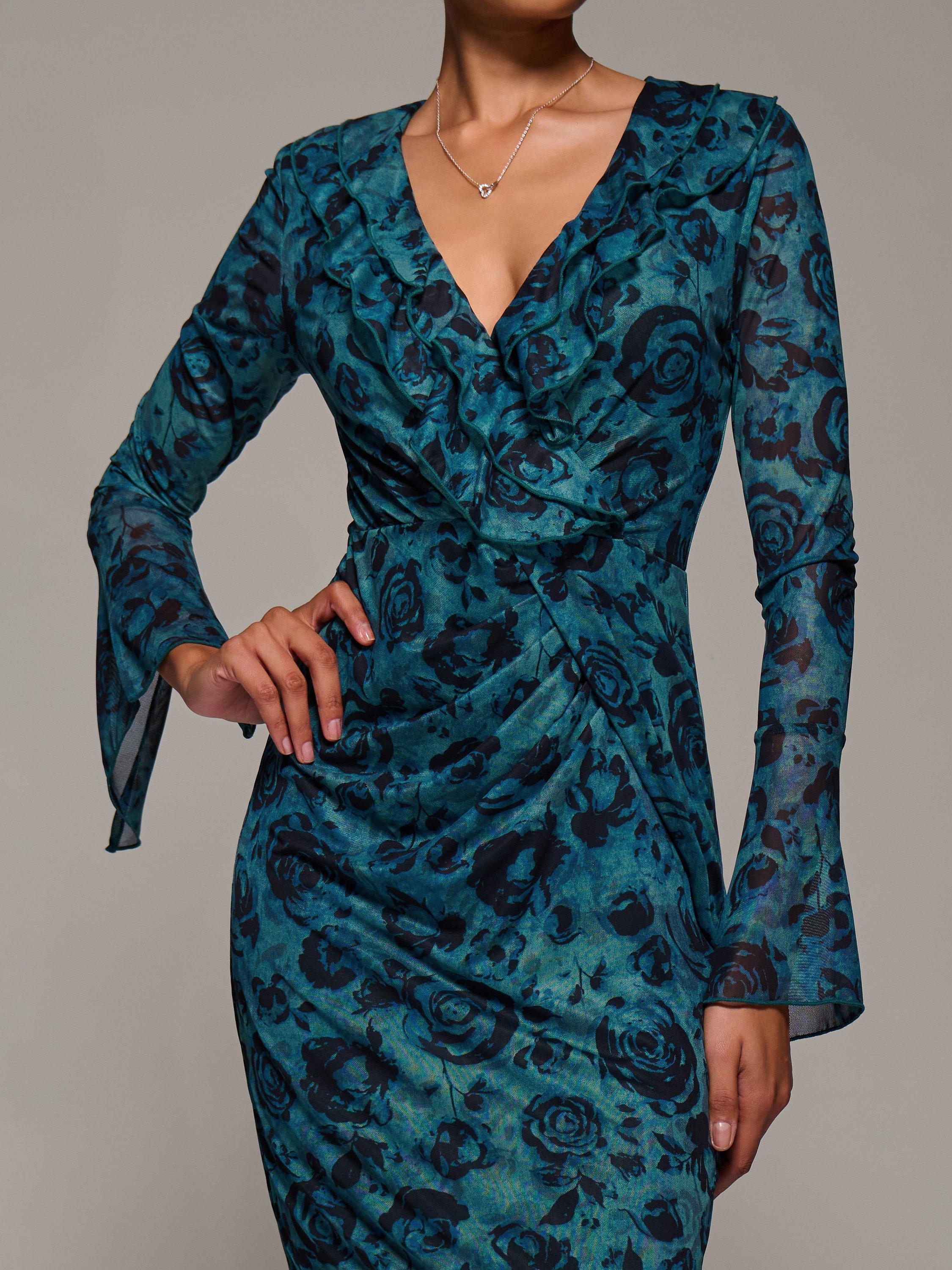 Product image 4 of 7, which shows Jolie Moi Ruffle Mesh Bodycon Midi Dress, Teal/Black, 8