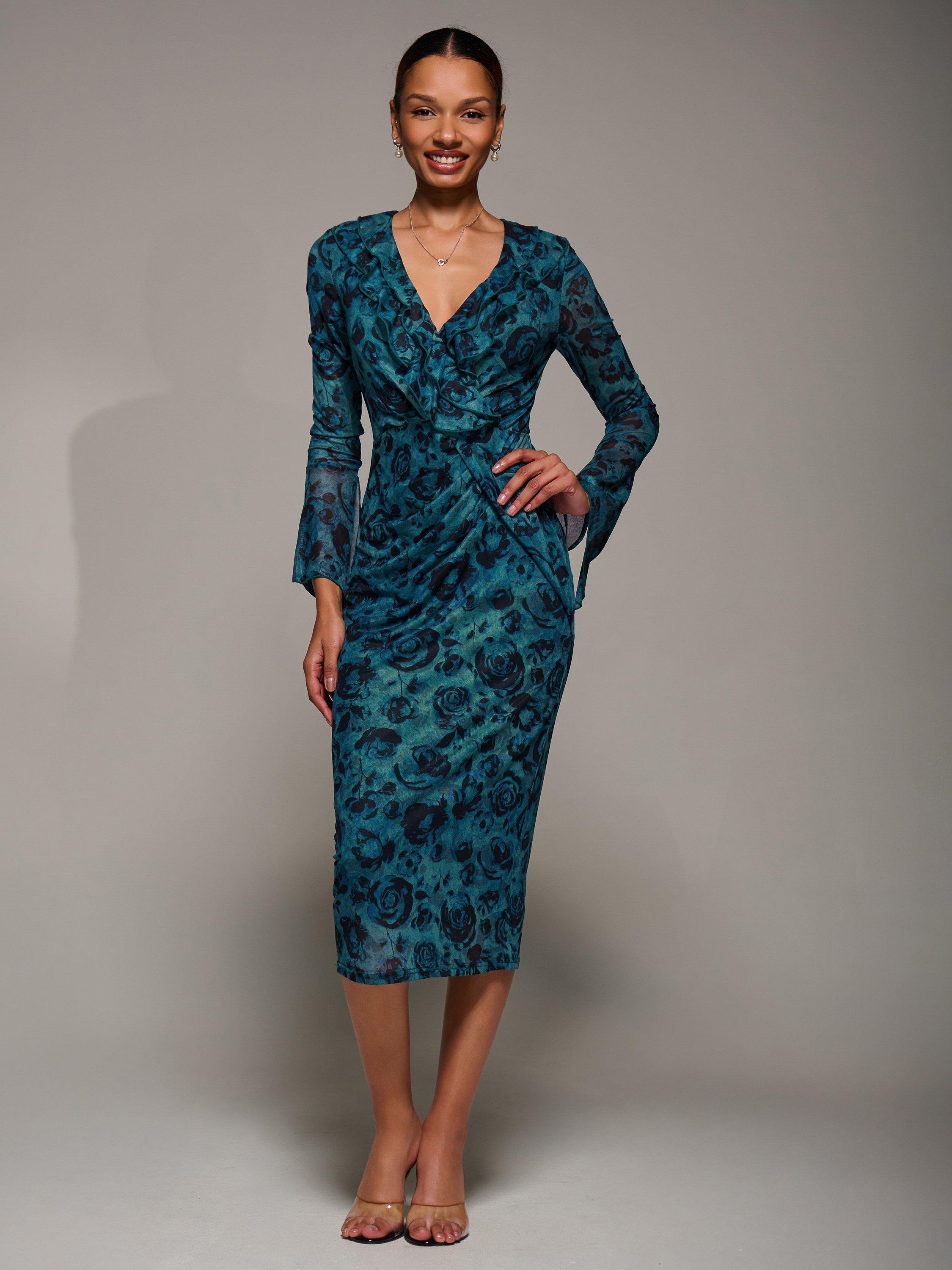 Product image 5 of 7, which shows Jolie Moi Ruffle Mesh Bodycon Midi Dress, Teal/Black, 8