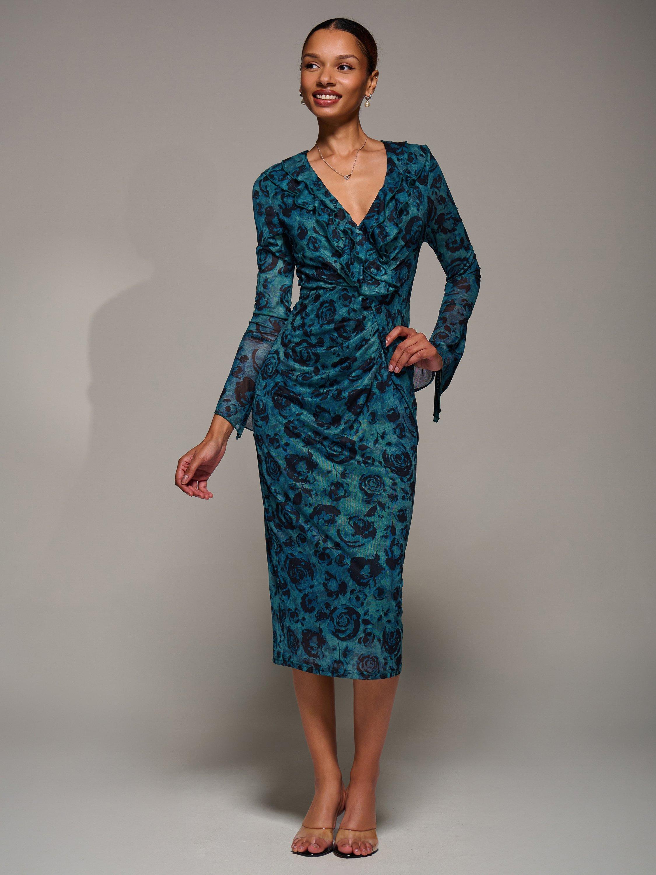 Product image 6 of 7, which shows Jolie Moi Ruffle Mesh Bodycon Midi Dress, Teal/Black, 8