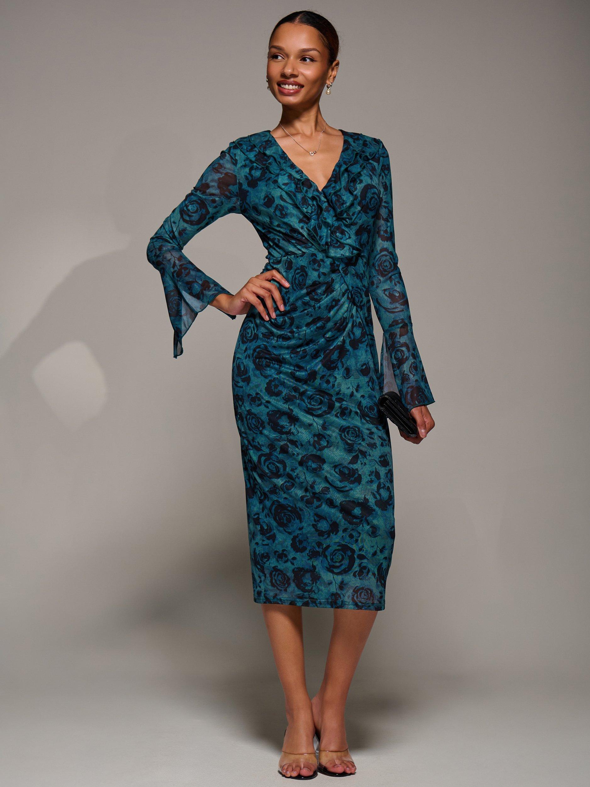 Product image 7 of 7, which shows Jolie Moi Ruffle Mesh Bodycon Midi Dress, Teal/Black, 8