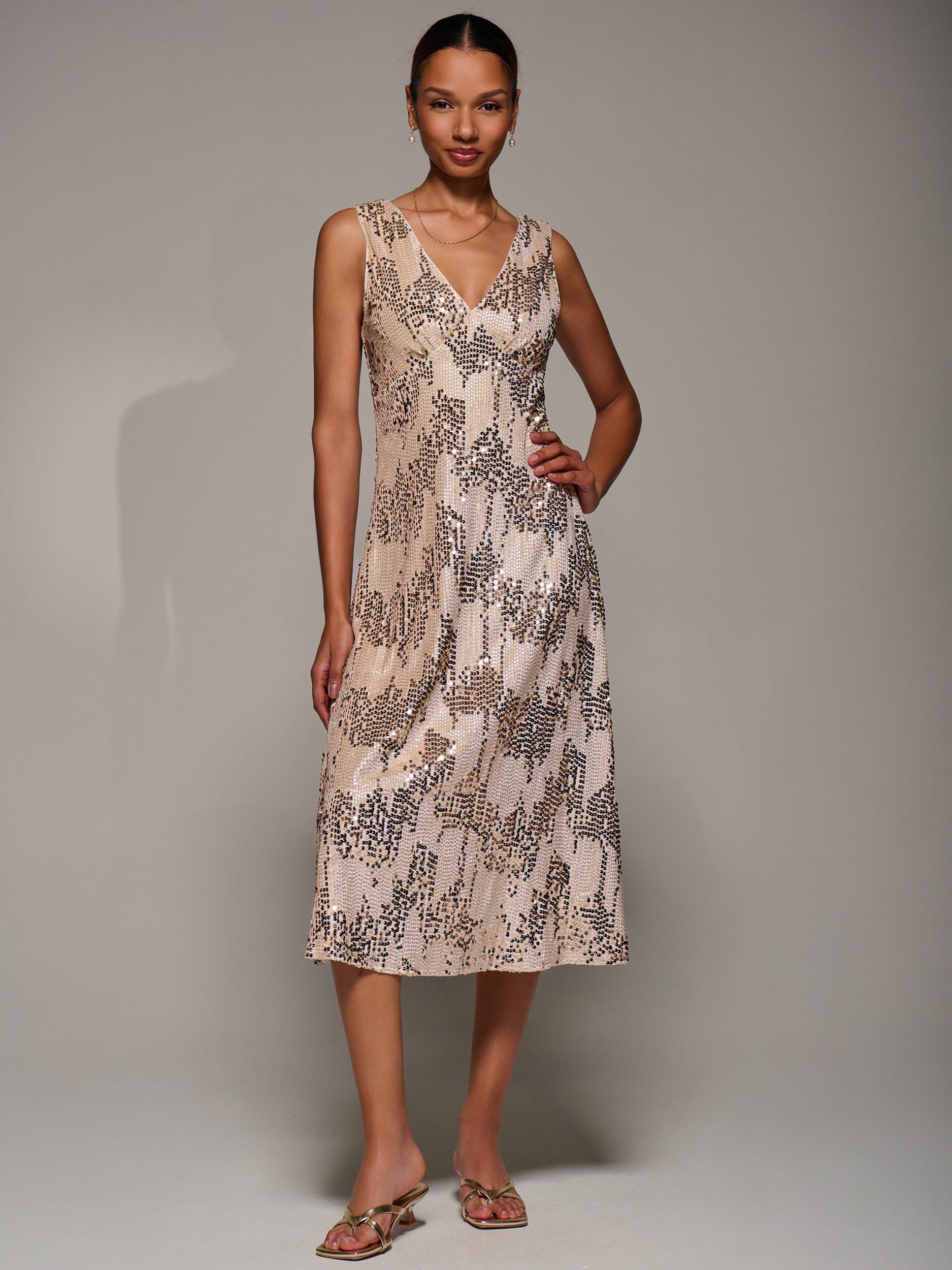 Product image 1 of 7, which shows Jolie Moi Sequin V-Neck Dress, Gold, 8