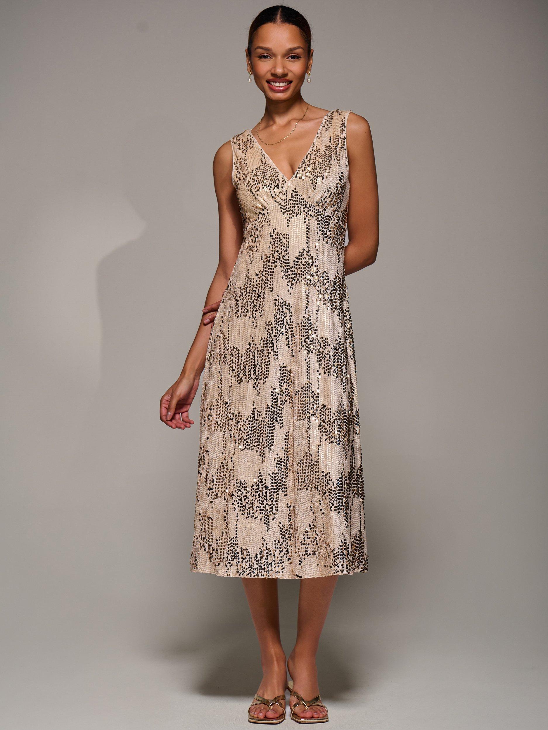 Product image 5 of 7, which shows Jolie Moi Sequin V-Neck Dress, Gold, 8