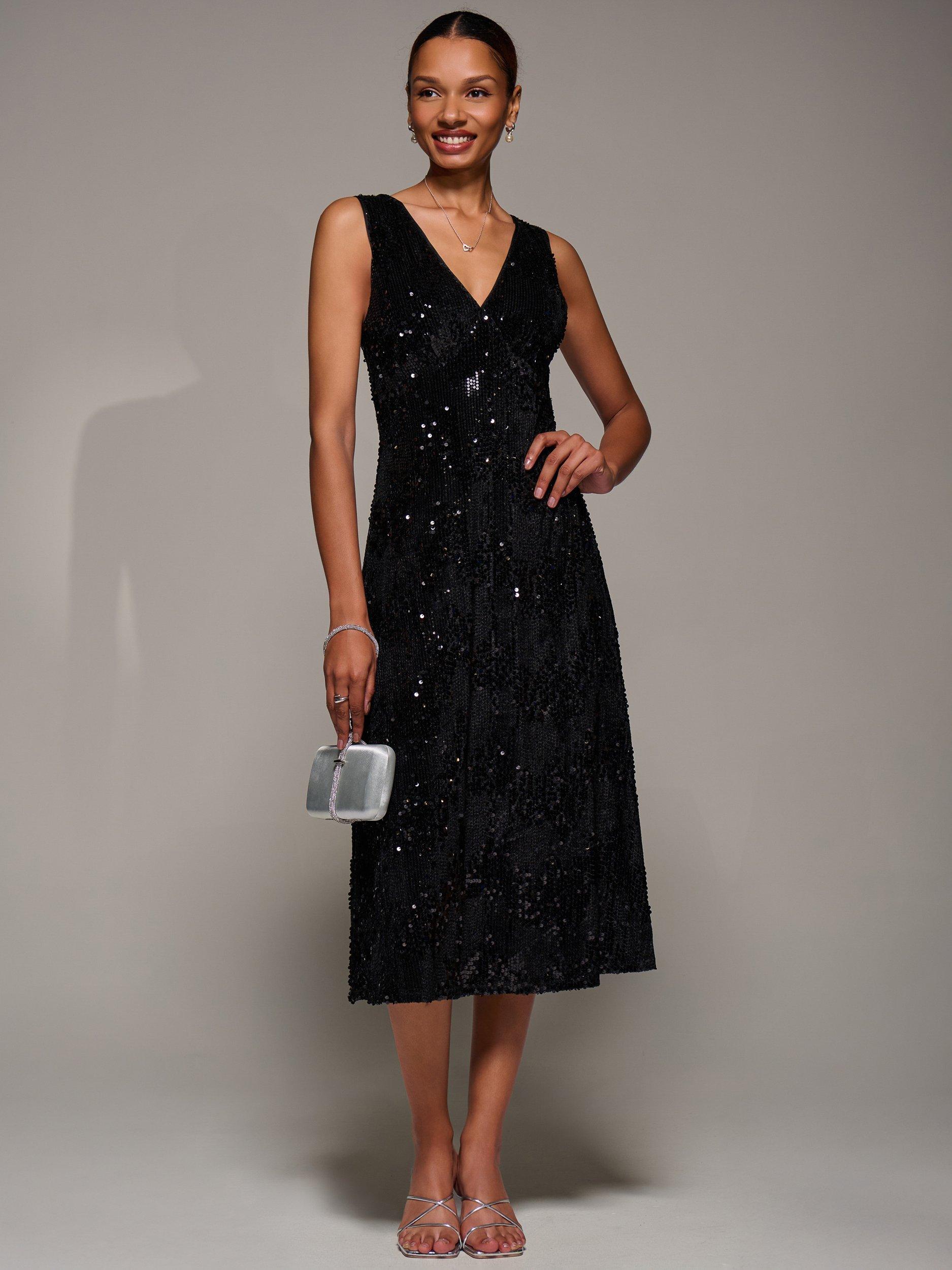 Product image 1 of 7, which shows Jolie Moi Sequin V-Neck Dress, Black, 8