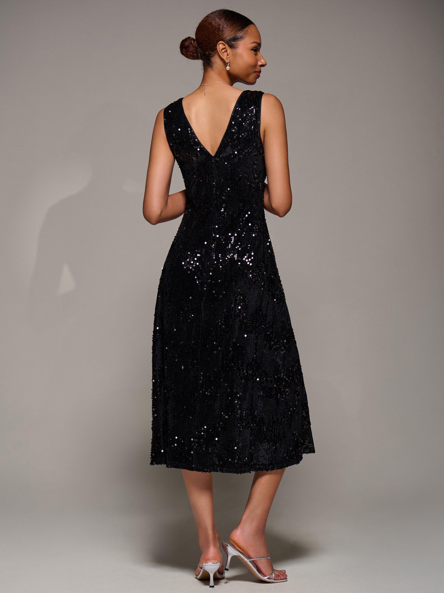 Product image 2 of 7, which shows Jolie Moi Sequin V-Neck Dress, Black, 8