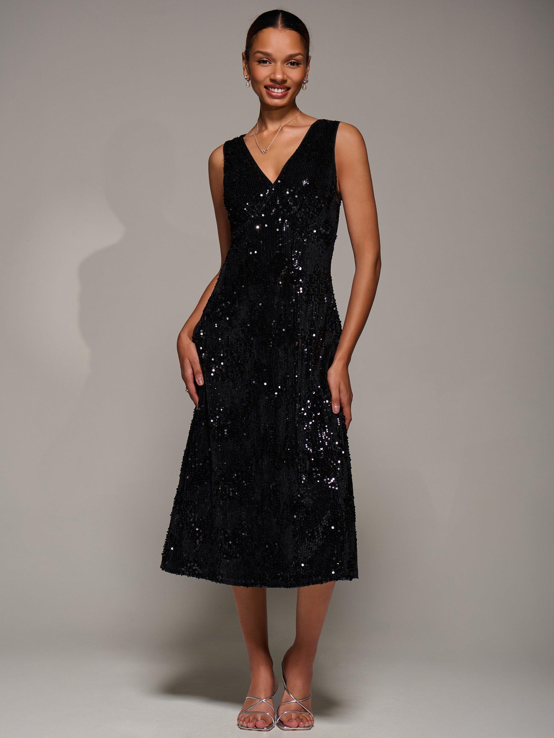 Product image 3 of 7, which shows Jolie Moi Sequin V-Neck Dress, Black, 8