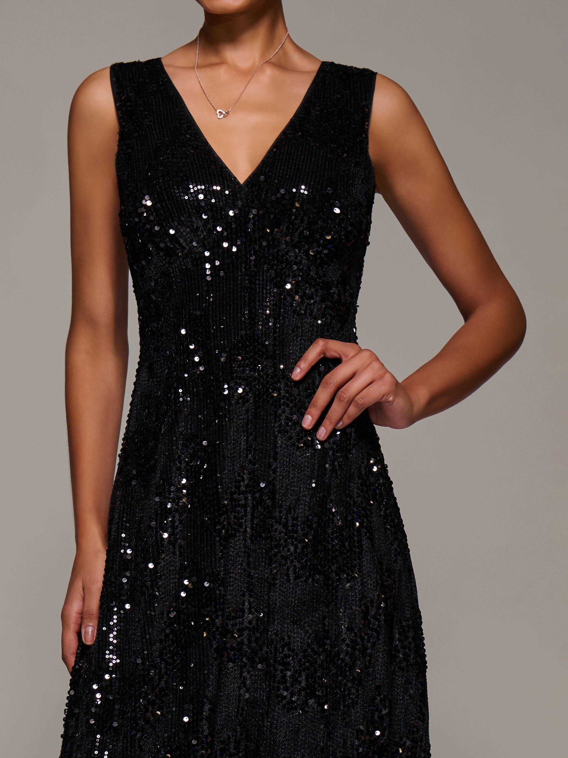 Product image 4 of 7, which shows Jolie Moi Sequin V-Neck Dress, Black, 8