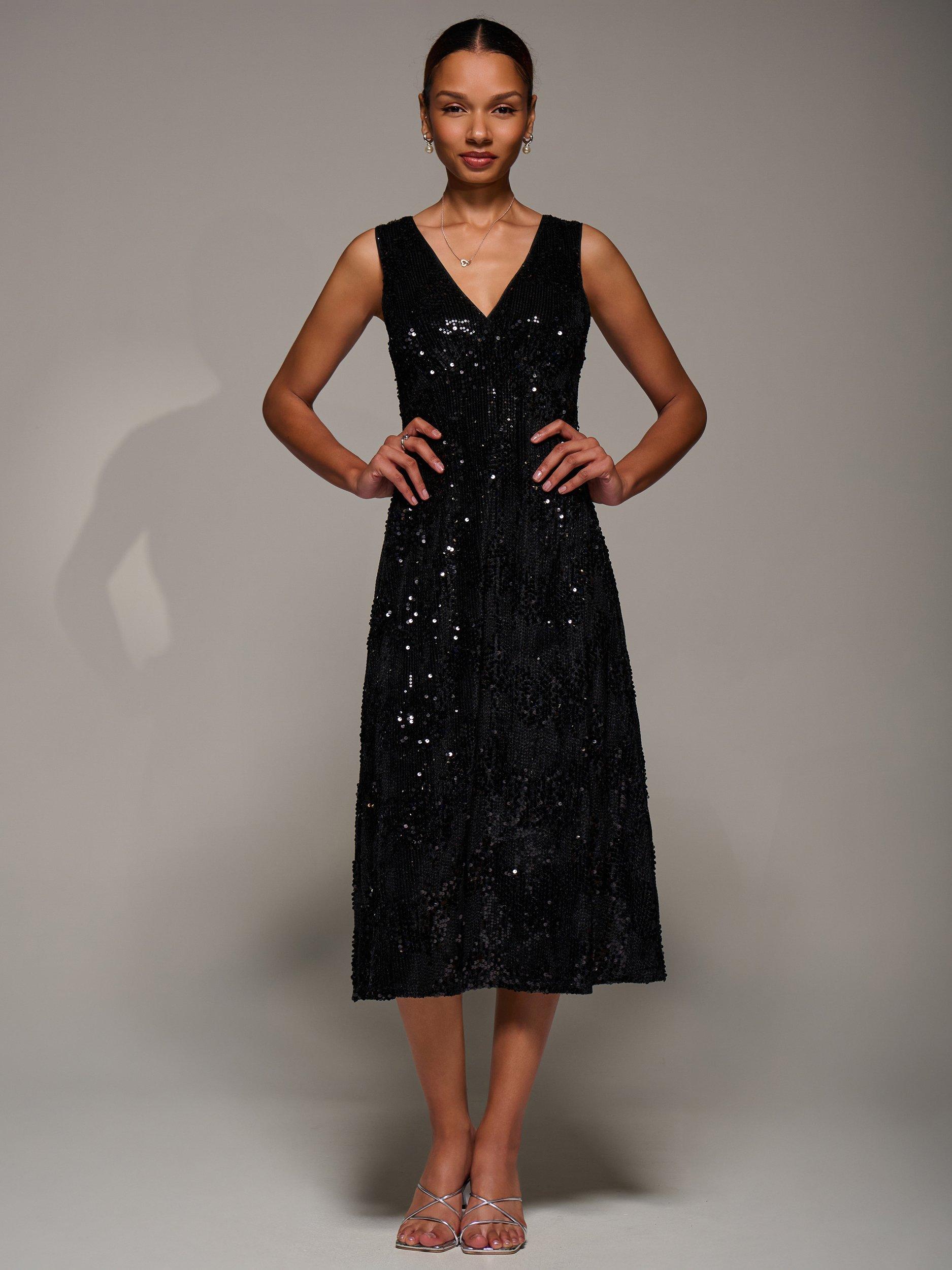 Product image 5 of 7, which shows Jolie Moi Sequin V-Neck Dress, Black, 8