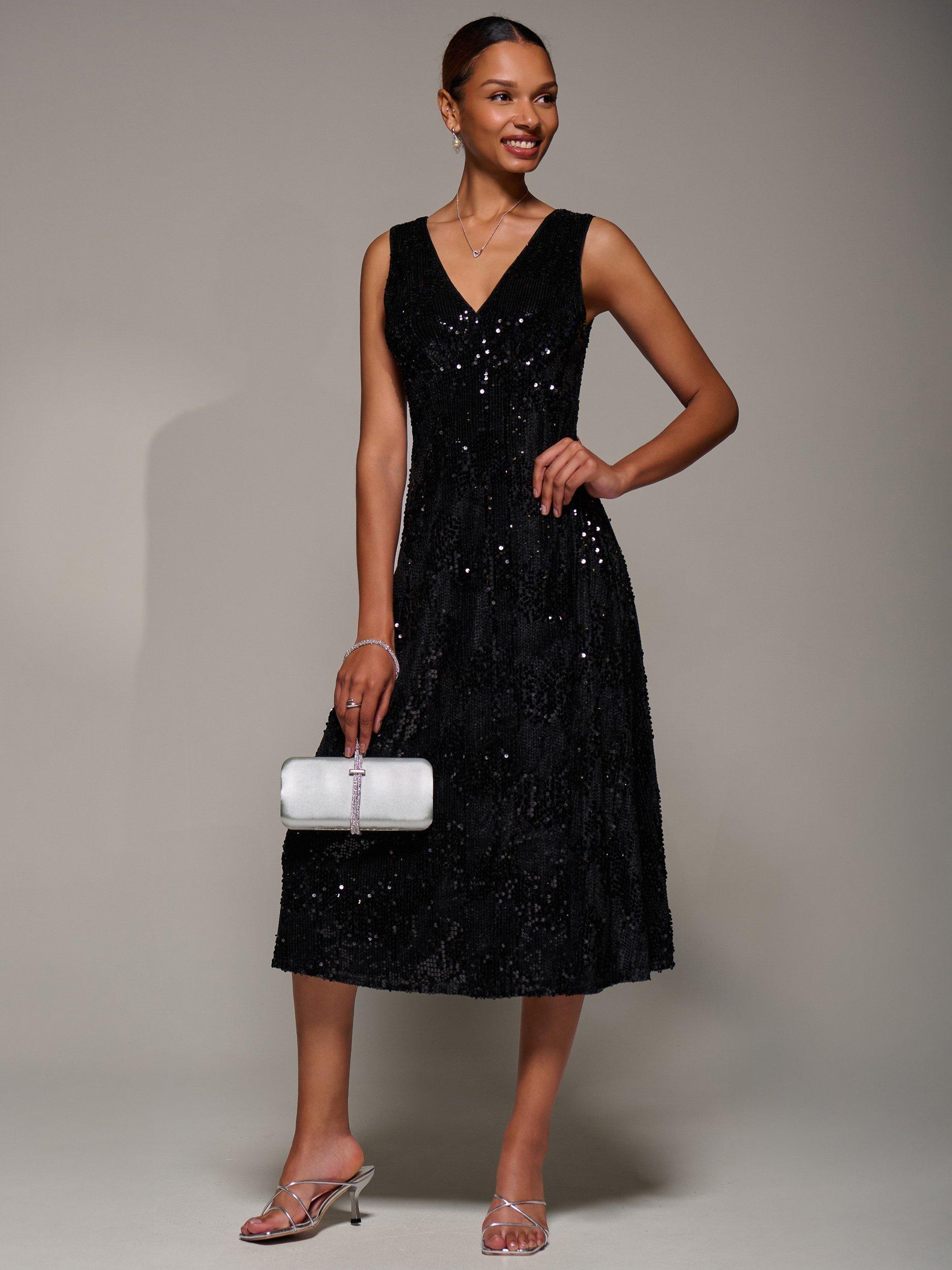 Product image 6 of 7, which shows Jolie Moi Sequin V-Neck Dress, Black, 8