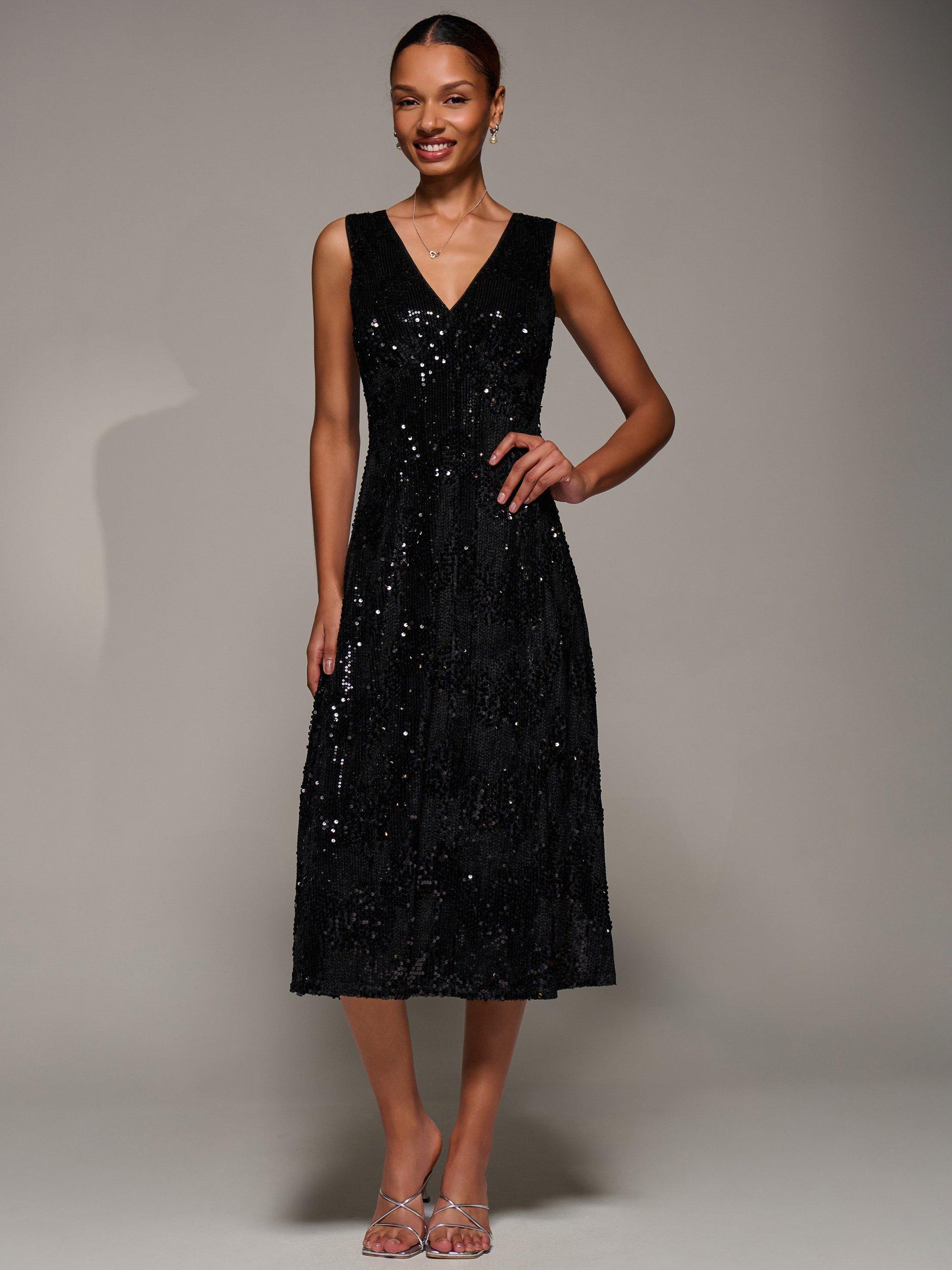 Product image 7 of 7, which shows Jolie Moi Sequin V-Neck Dress, Black, 8
