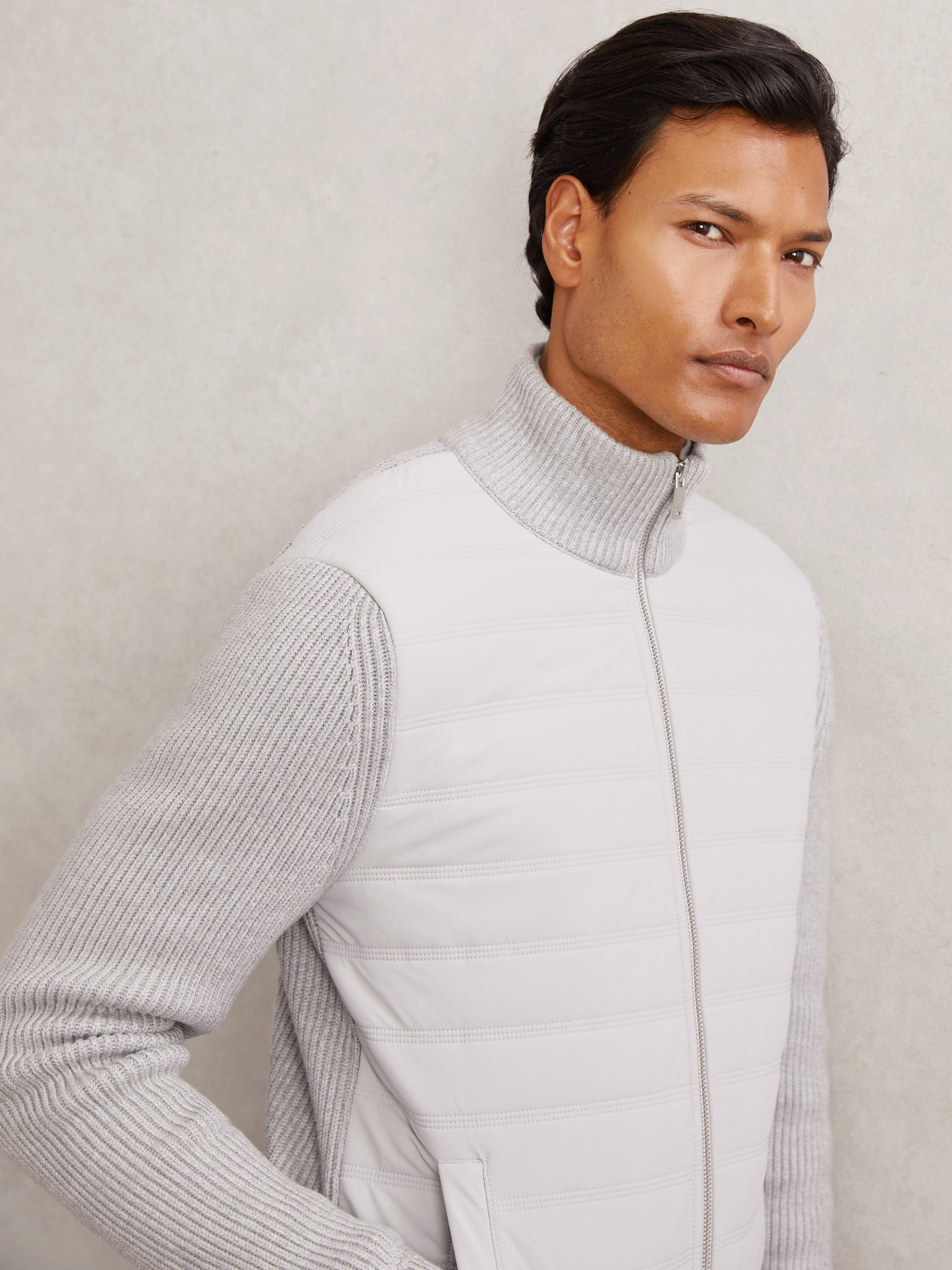 Product image 1 of 5, which shows Reiss Townsend Ribbed Zip Through Jacket, Soft Grey, XS