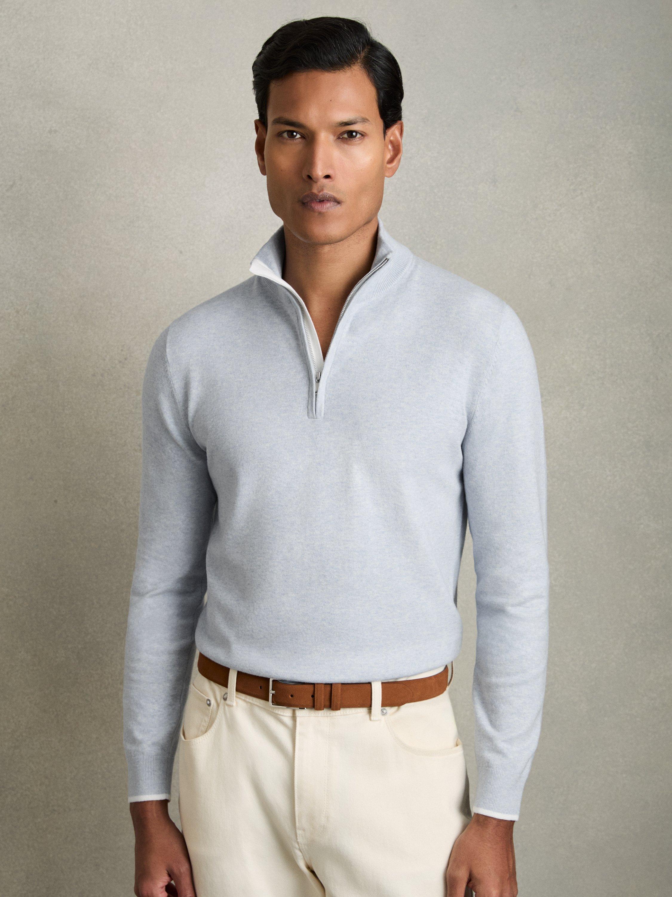 Product image 1 of 5, which shows Reiss Swinley Zip Neck Jumper, Soft Blue, XS