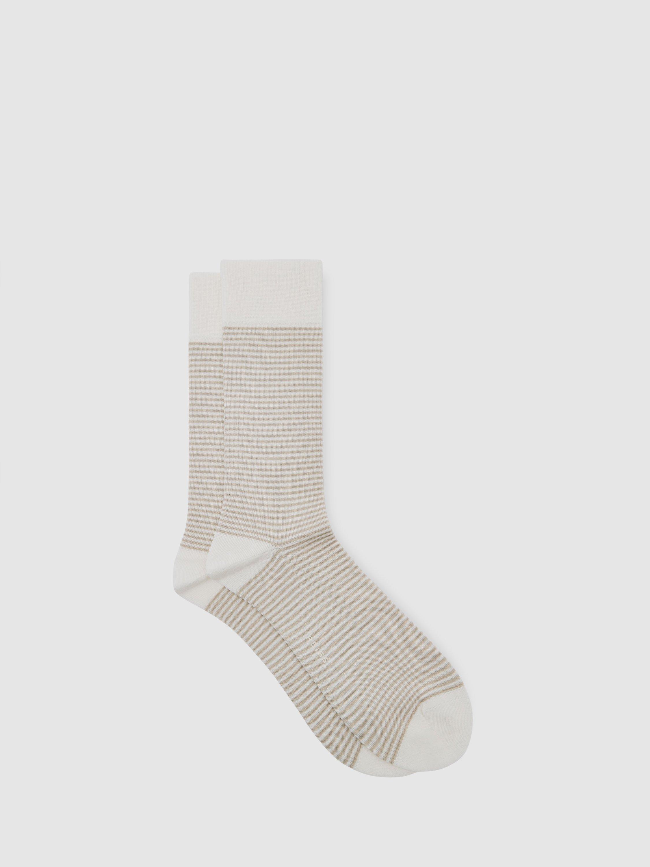 Product image 1 of 3, which shows Reiss Mario Stripe Crew Socks, Ecru/Oatmeal, S-M