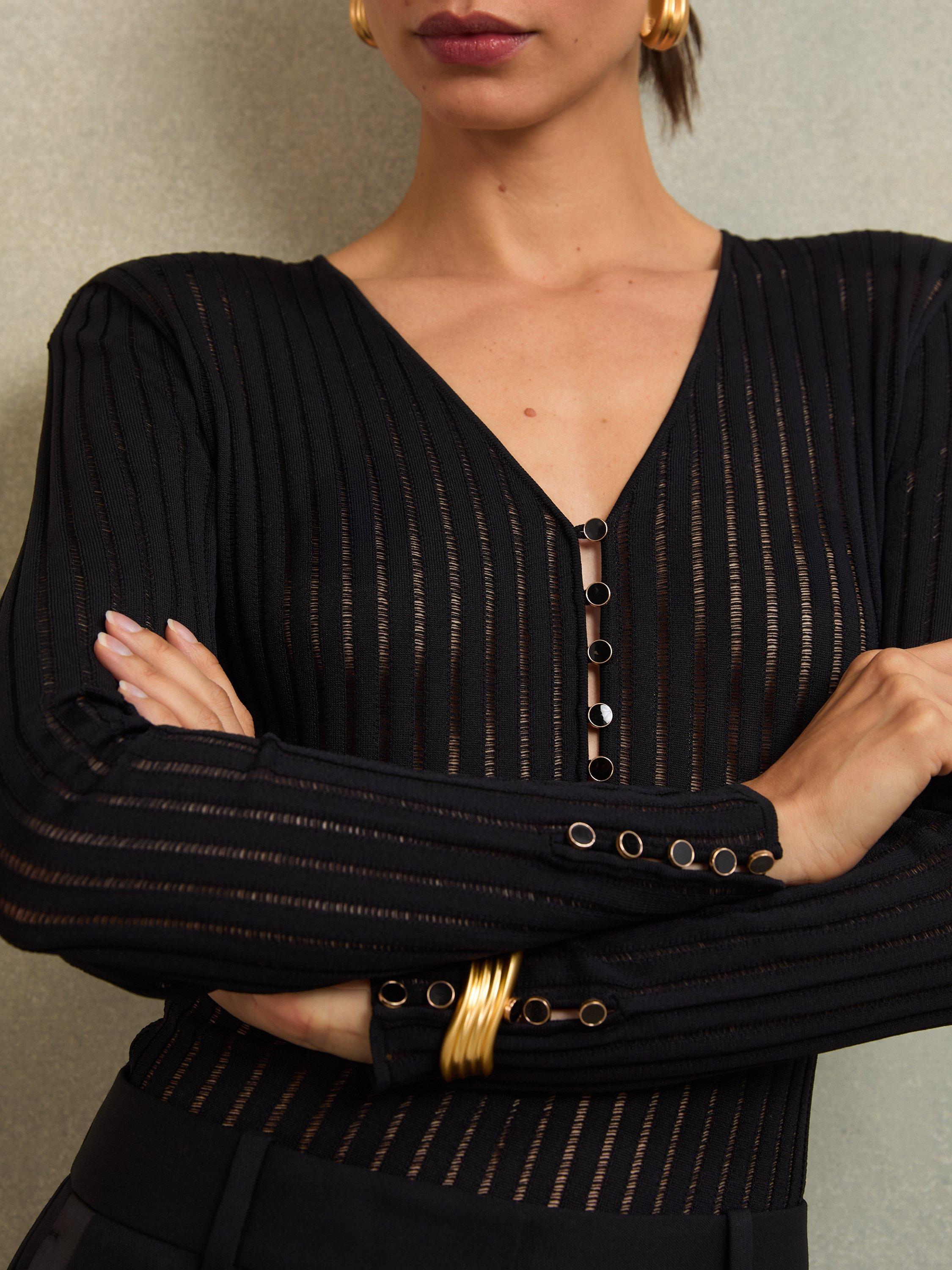 Product image 1 of 5, which shows Reiss Bernice Ribbed Bodysuit, Black, XS