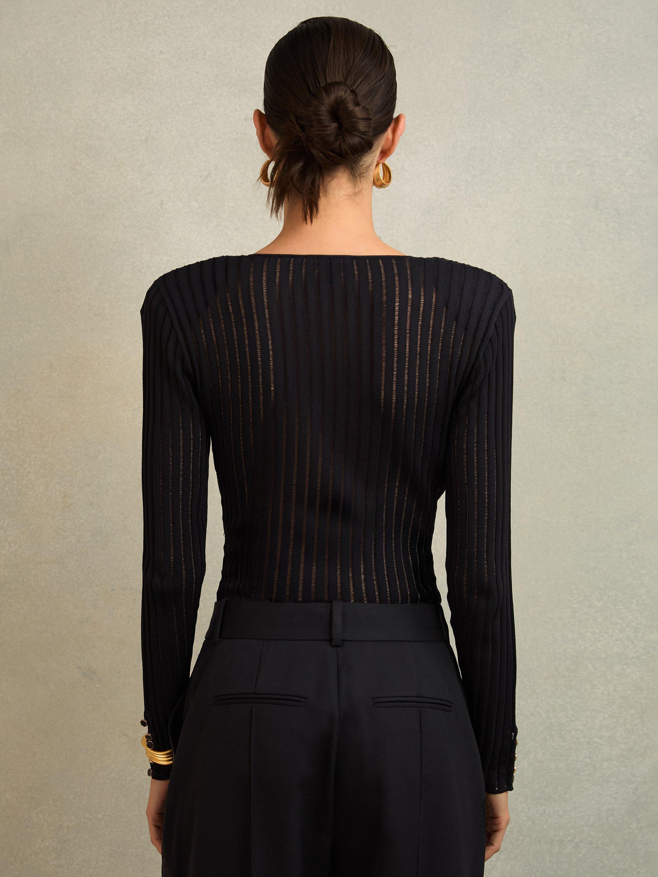 Product image 2 of 5, which shows Reiss Bernice Ribbed Bodysuit, Black, XS