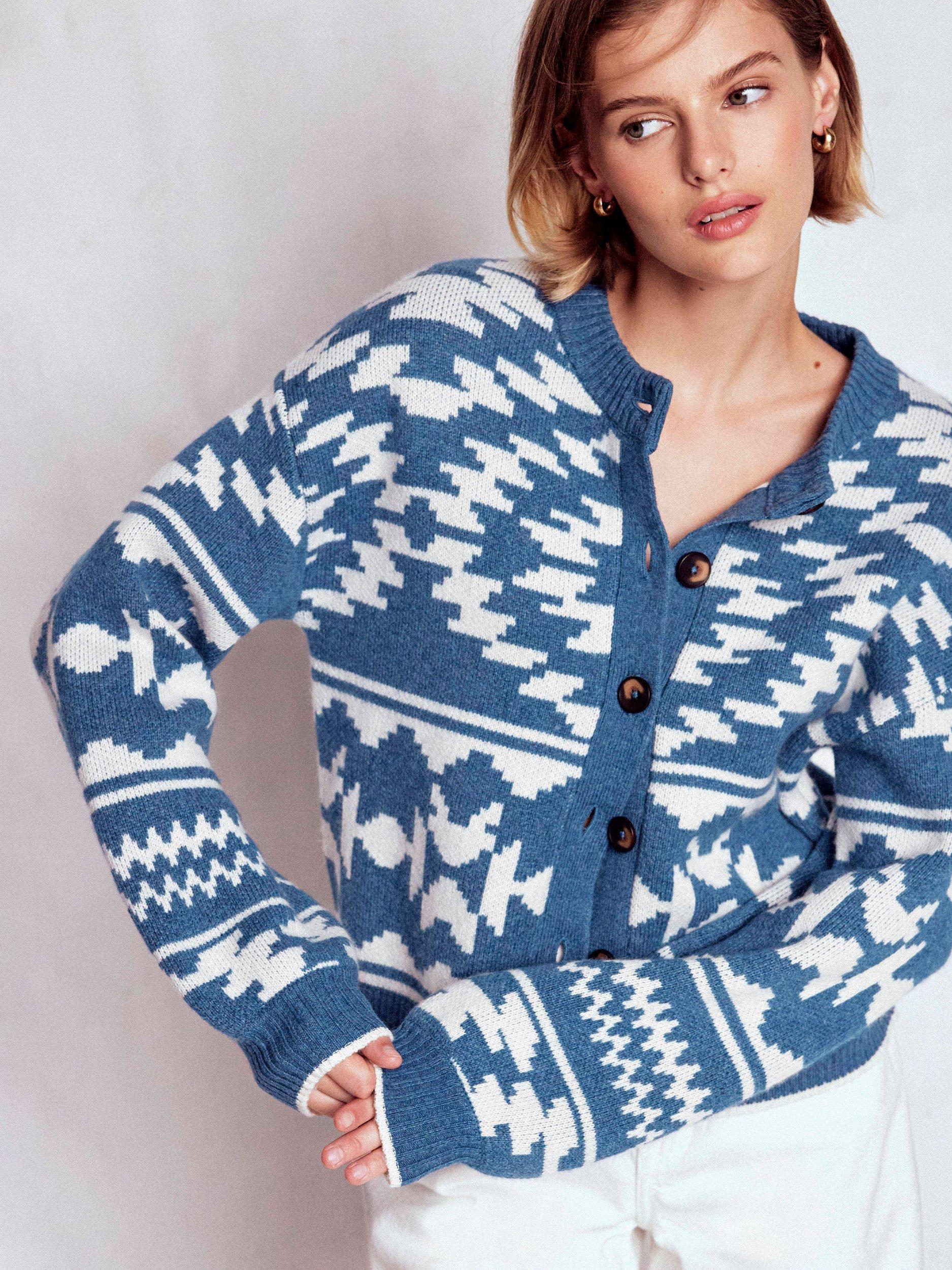 Product image 1 of 7, which shows Boden Abi Jacquard Wool Blend Cardigan, Denim Blue Aztec, S