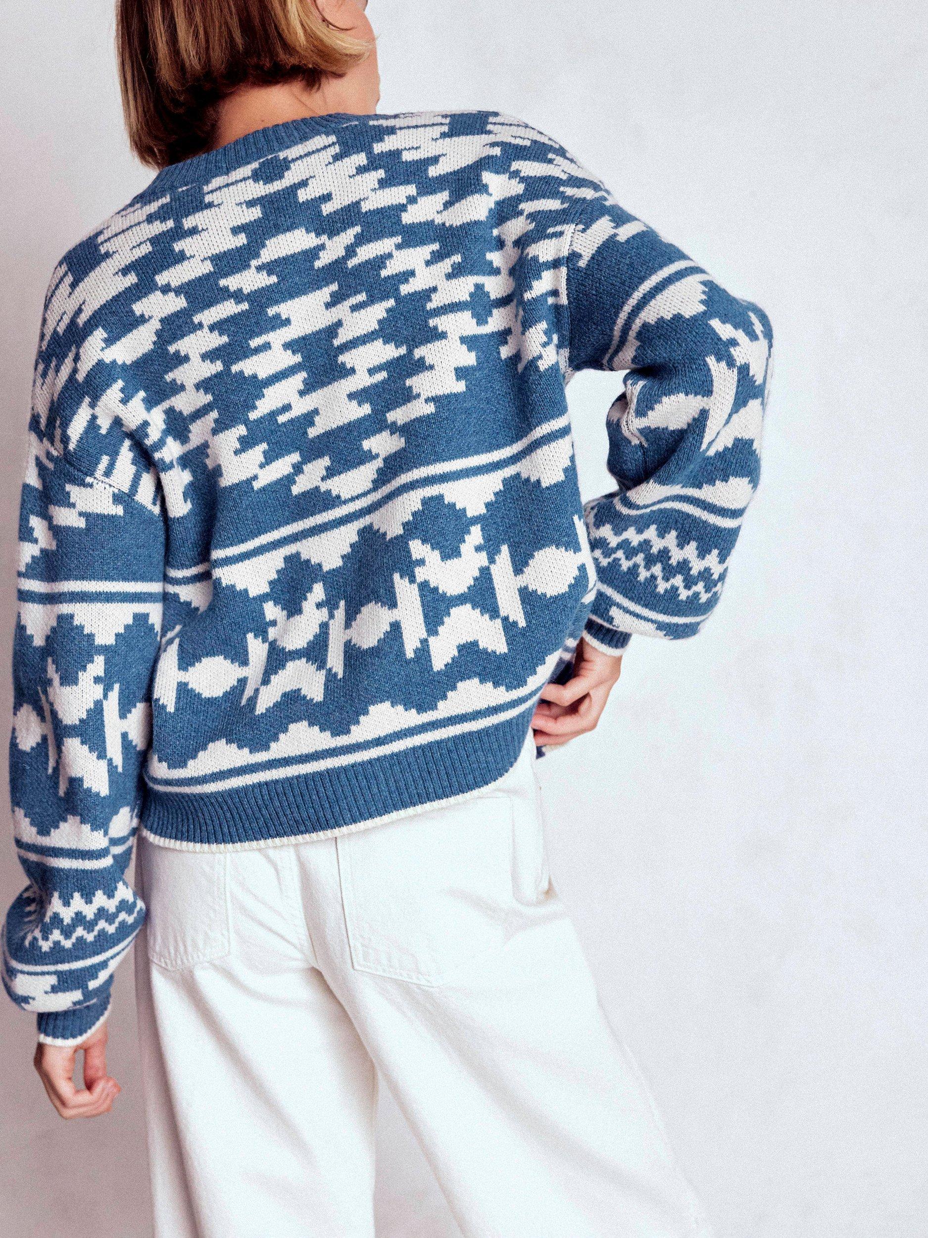 Product image 4 of 7, which shows Boden Abi Jacquard Wool Blend Cardigan, Denim Blue Aztec, S