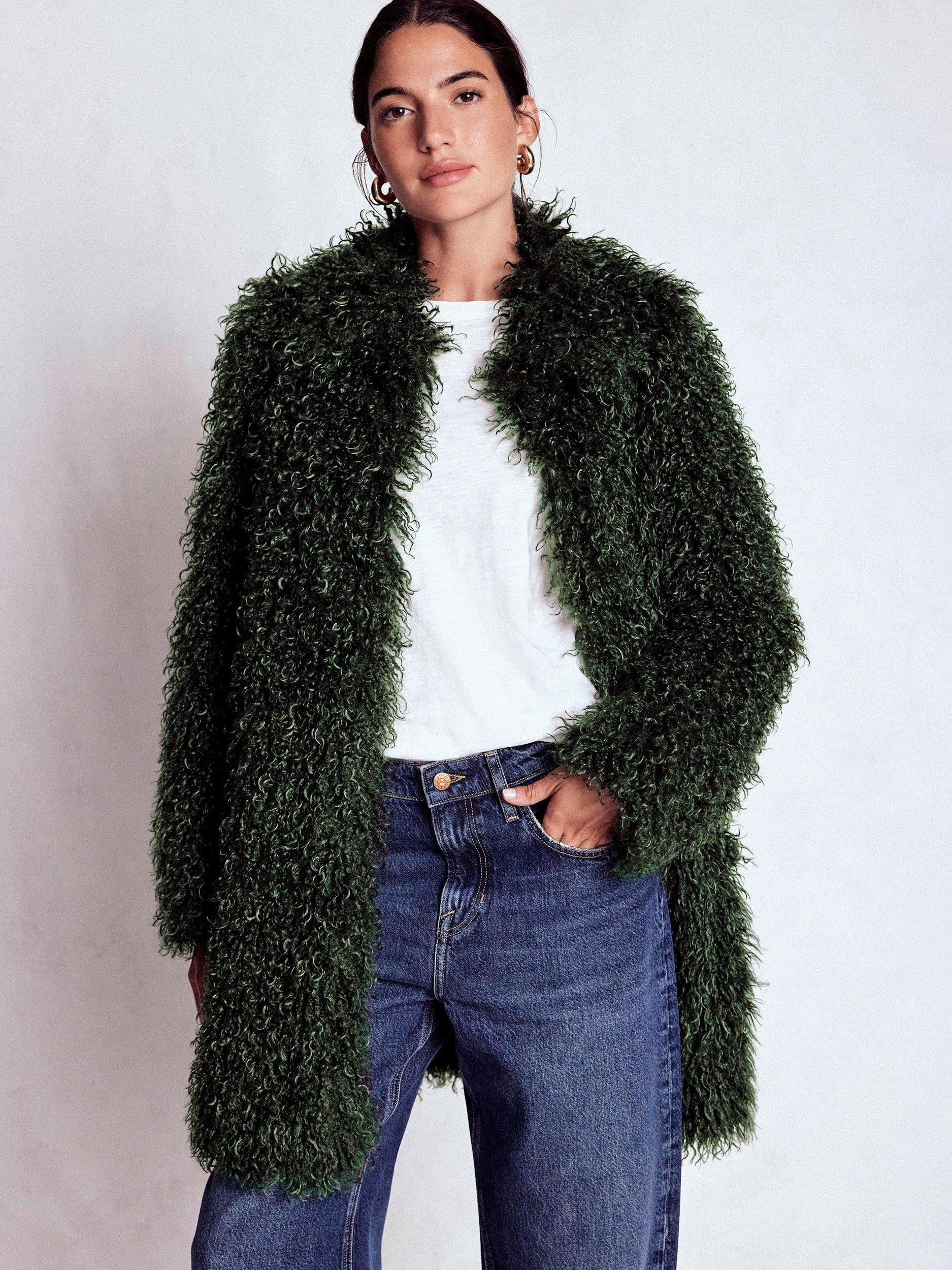 Product image 4 of 5, which shows Boden Fuzzy Faux Fur Coat, Kale Leaf, 8