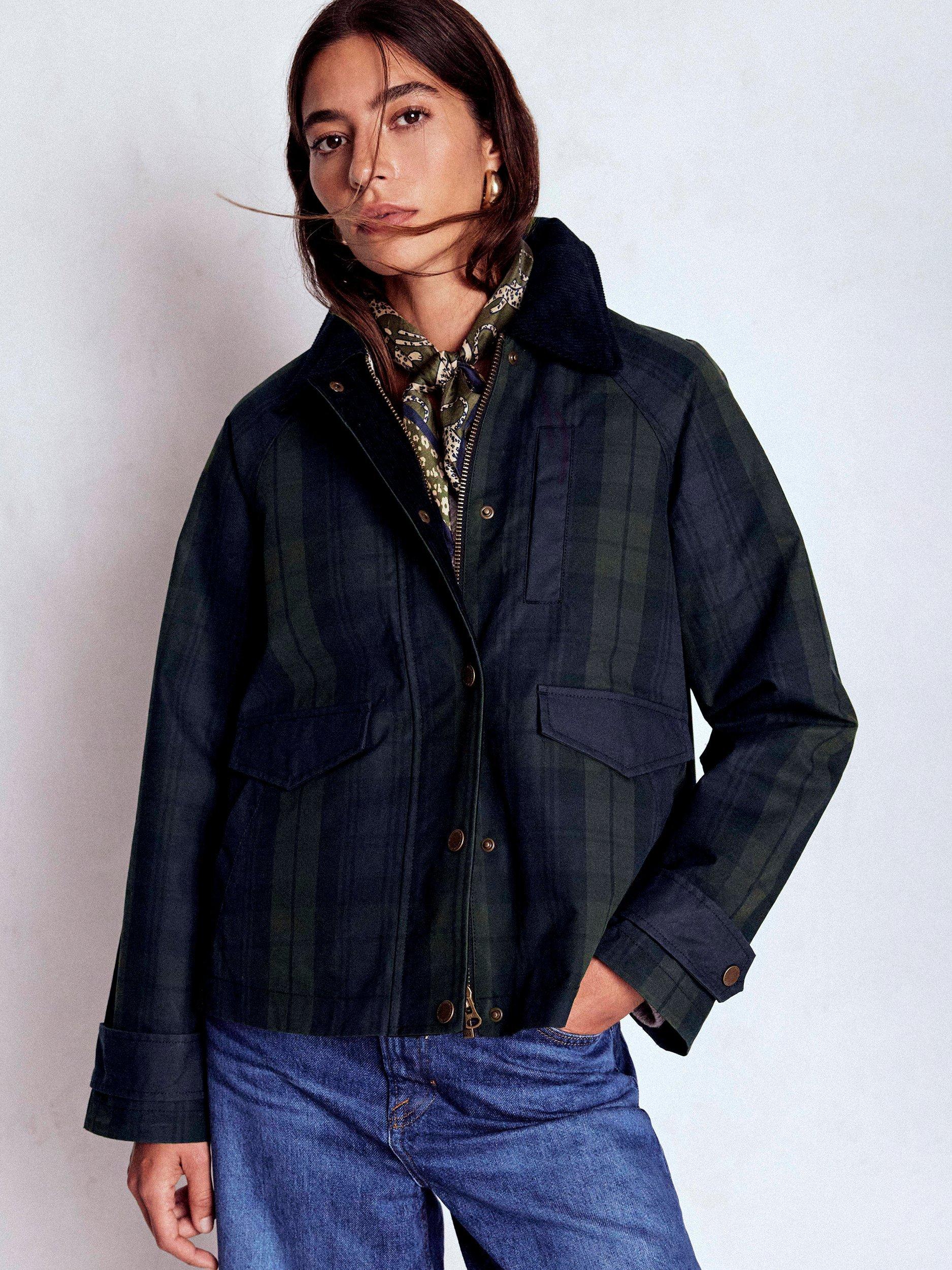 Product image 1 of 6, which shows Boden Cotton Check Raglan Wax Jacket, Navy/Green, 8