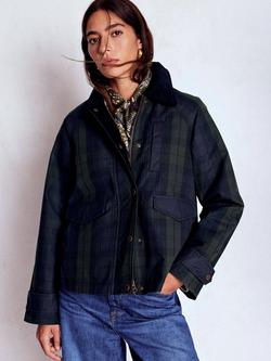 Boden Cotton Check Raglan Wax Jacket, Navy/Green