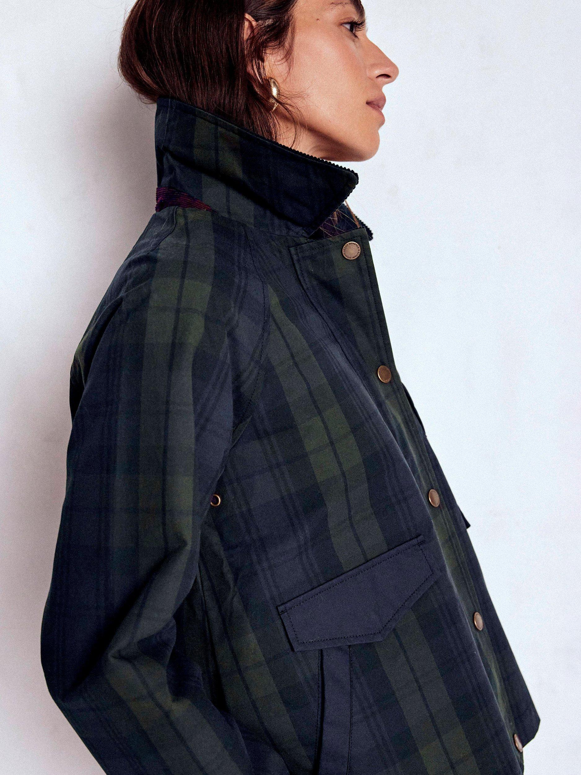 Product image 3 of 6, which shows Boden Cotton Check Raglan Wax Jacket, Navy/Green, 8