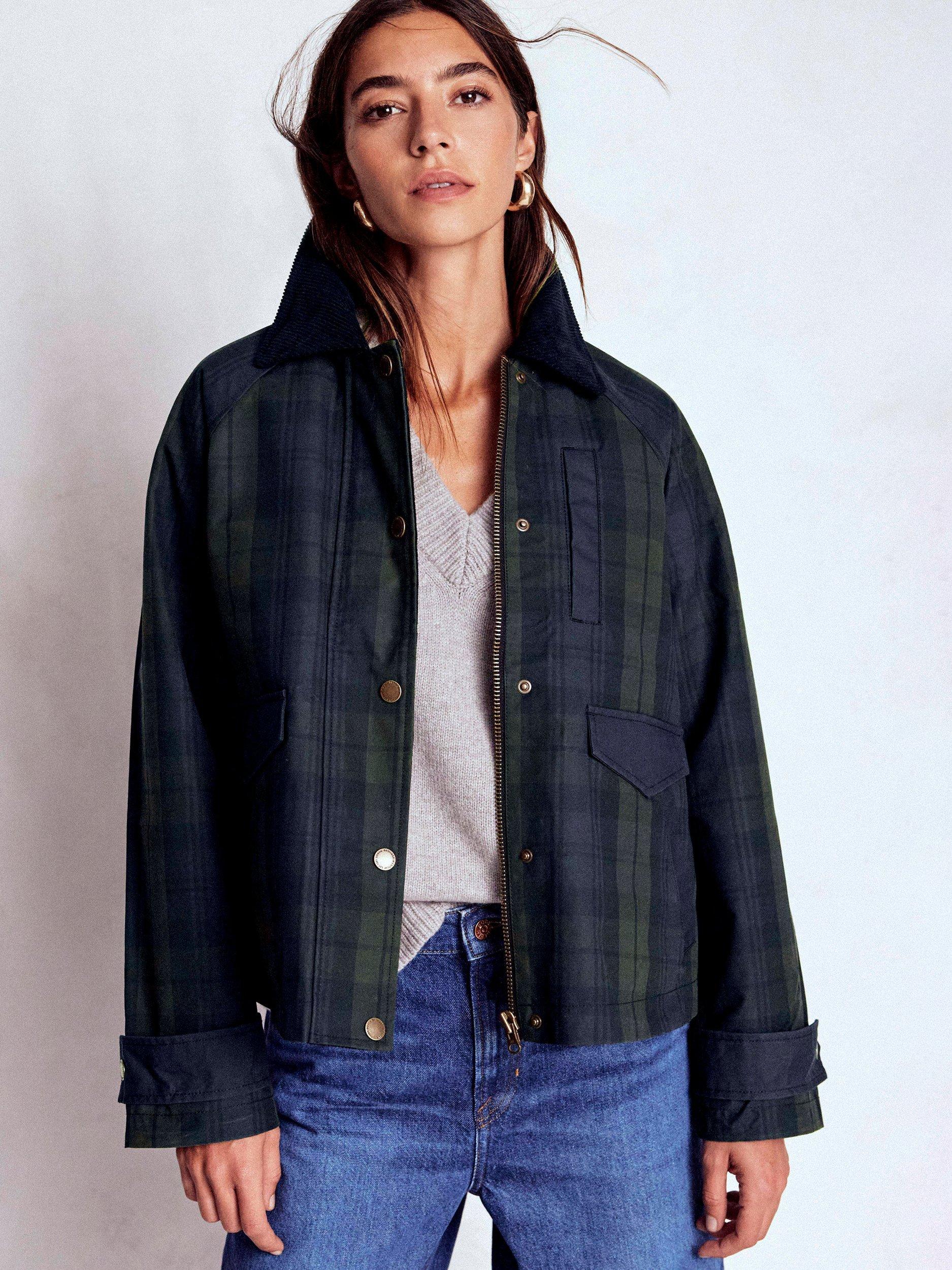Product image 5 of 6, which shows Boden Cotton Check Raglan Wax Jacket, Navy/Green, 8