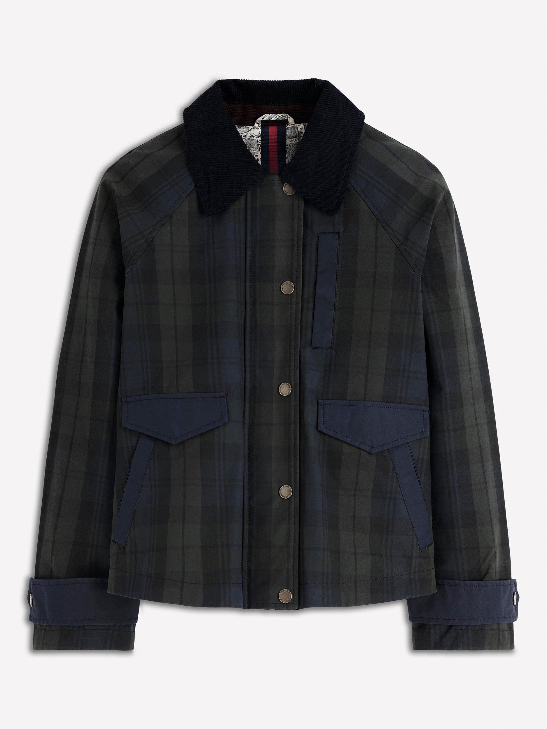Product image 6 of 6, which shows Boden Cotton Check Raglan Wax Jacket, Navy/Green, 8
