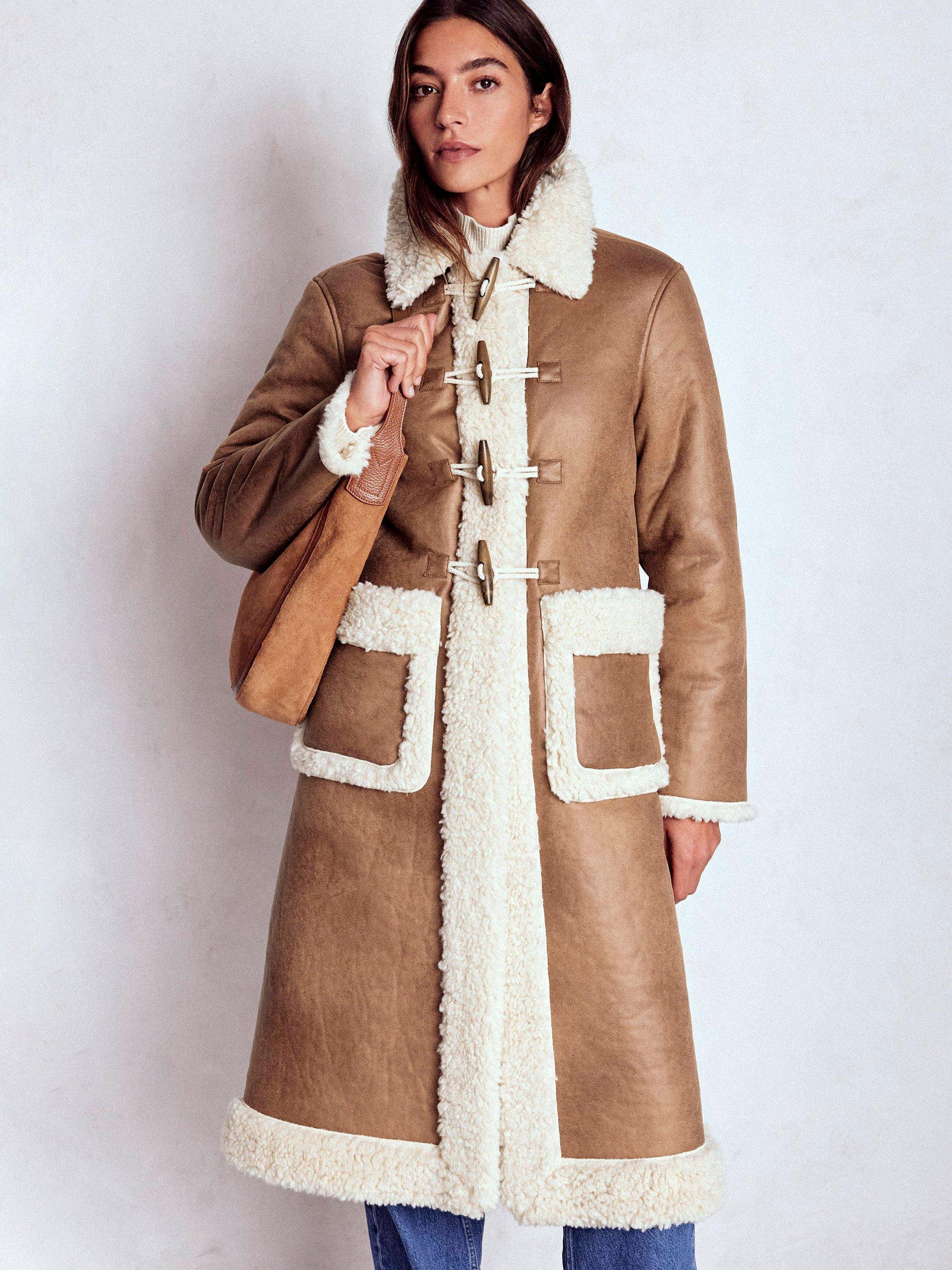 Product image 1 of 6, which shows Boden Shearling Duffle Coat, Camel, 16