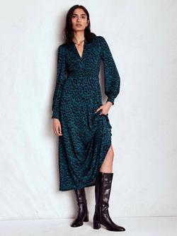 Boden Ivy Smocked Animal Print Midi Dress containing LENZING™ ECOVERO™ Viscose, Ocean/Multi, Ocean/Multi