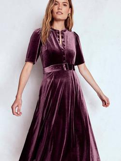 Boden Kate Velvet Puff Sleeve Button Neck Midi Shirt Dress, Dark Cherry