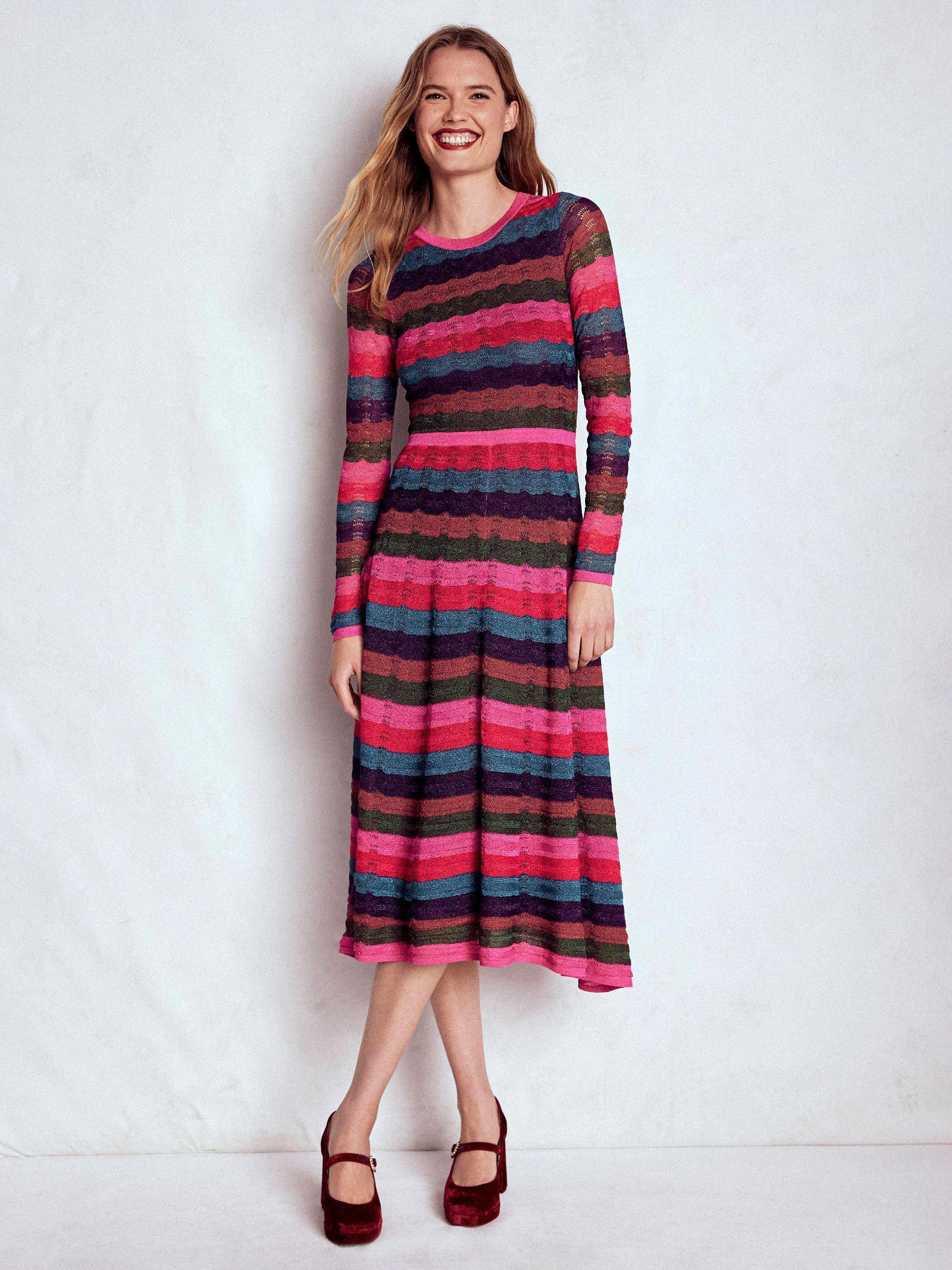 Product image 1 of 6, which shows Boden Metallic Wave Long Sleeve Round Neck Midi Dress, Multi, 8