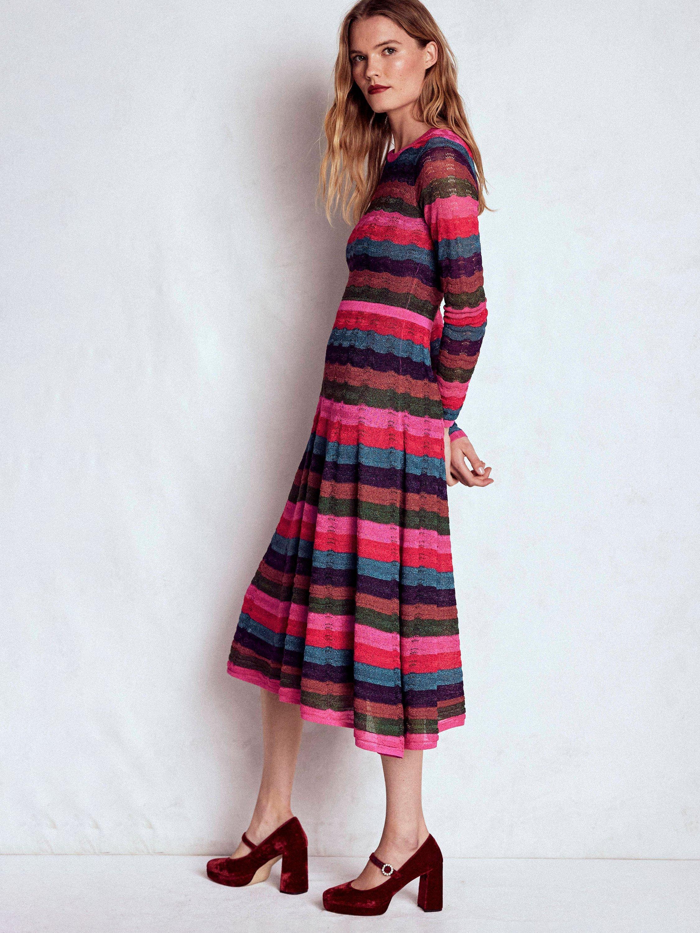 Product image 5 of 6, which shows Boden Metallic Wave Long Sleeve Round Neck Midi Dress, Multi, 8