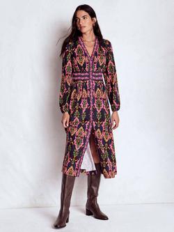 Boden Natalia Cotton Blend Paisley Floral Long Sleeve Midi Dress, Navy/Multi