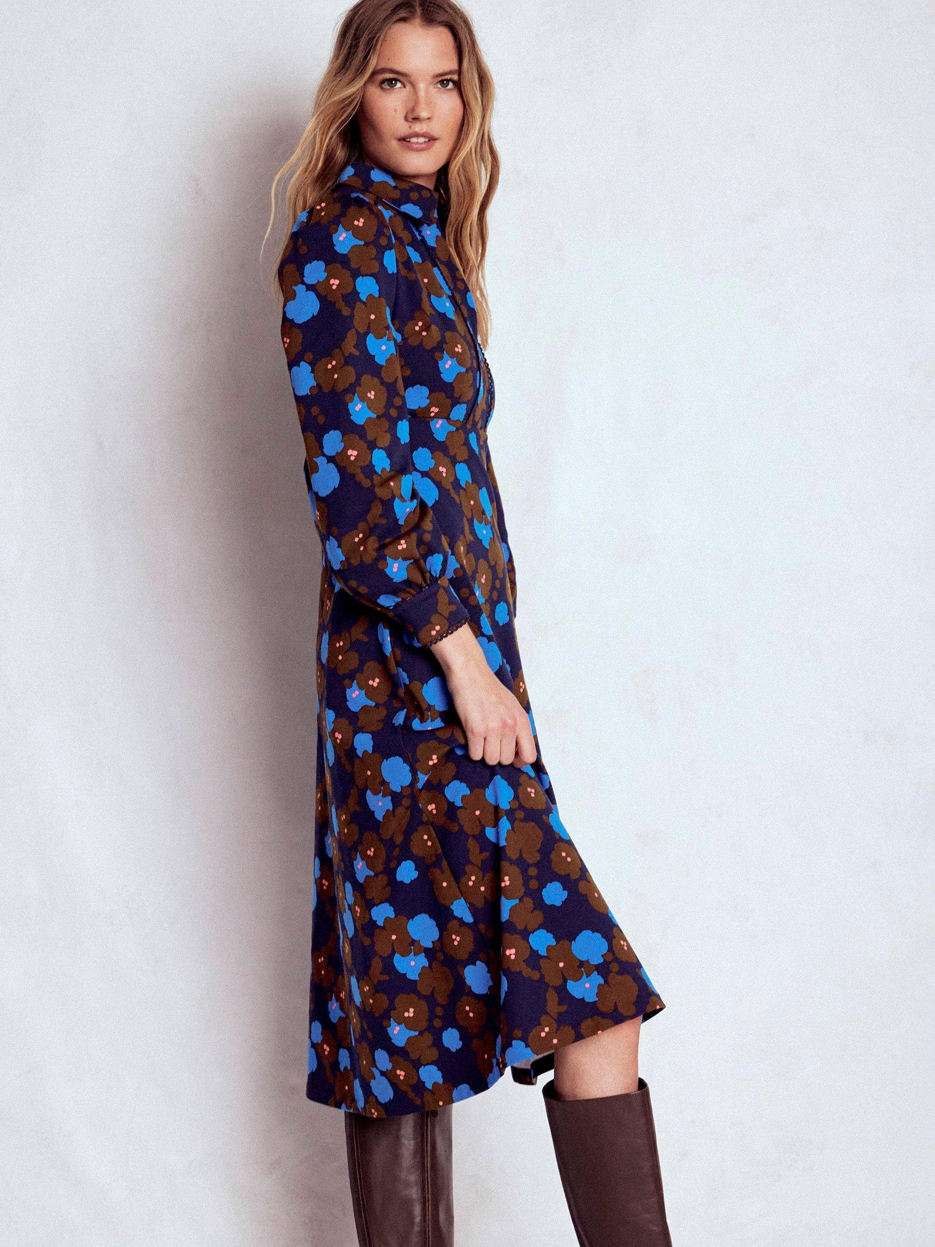 Boden Pip Cotton Blend Floral Zip-up Long Sleeve Midi Shirt Dress