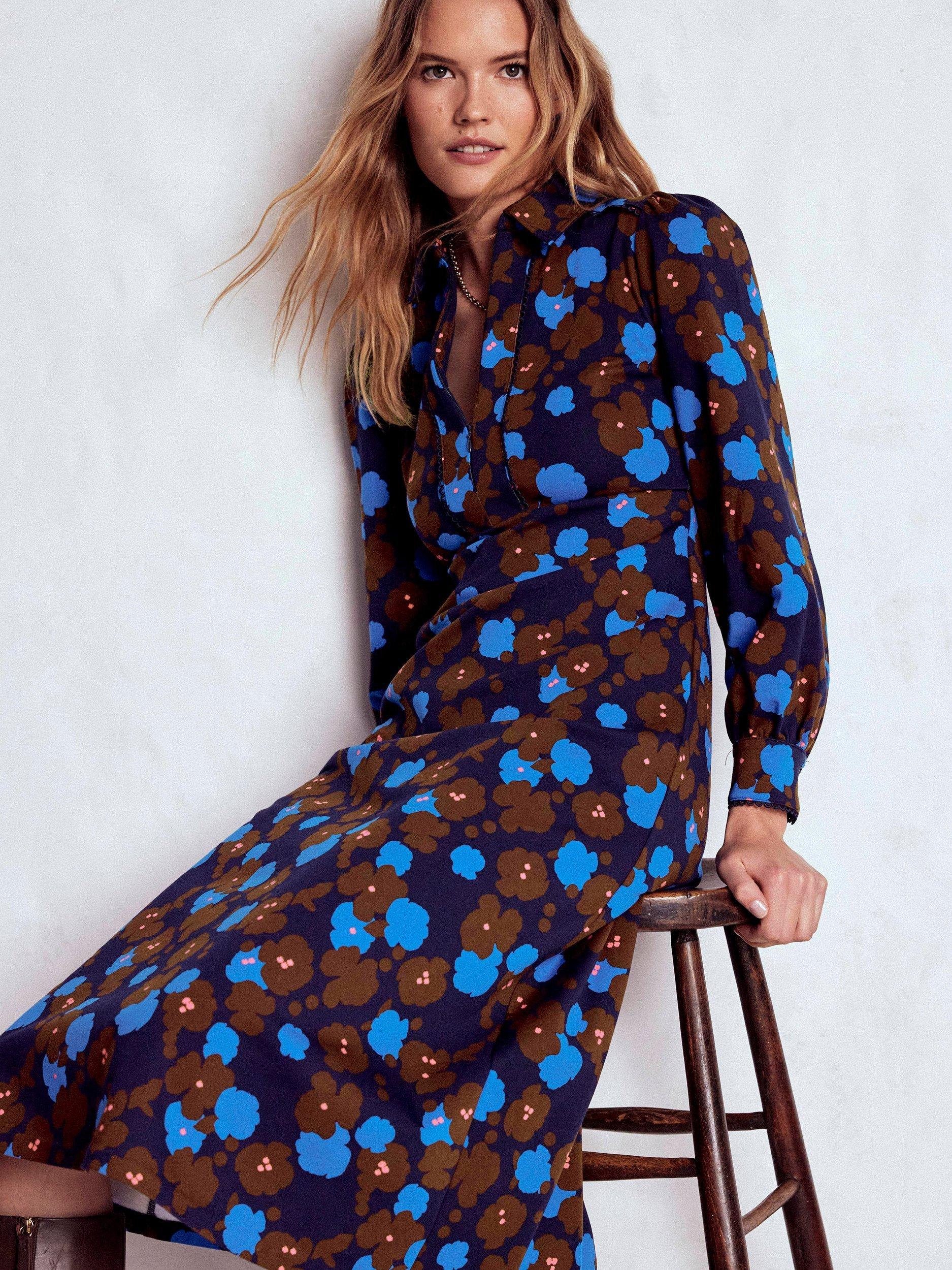 Boden Pip Cotton Blend Floral Zip-up Long Sleeve Midi Shirt Dress