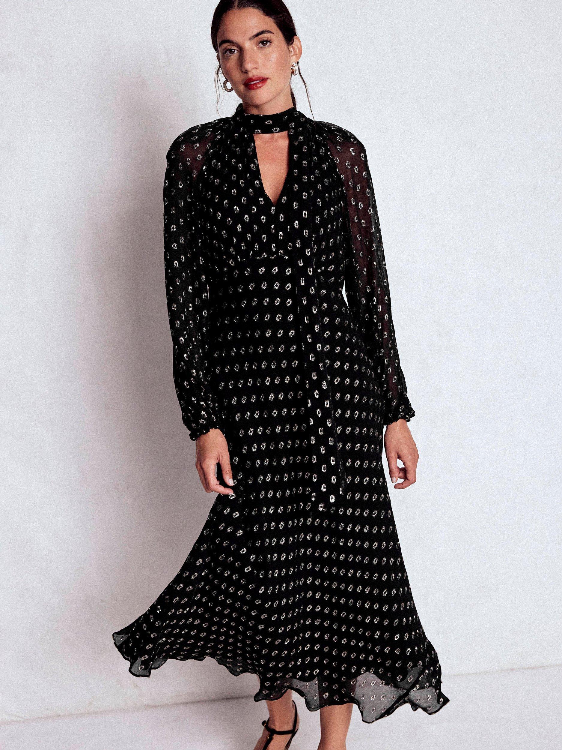 Product image 1 of 6, which shows Boden Spot Tie Neck Midi Dress, Black/Silver, 18