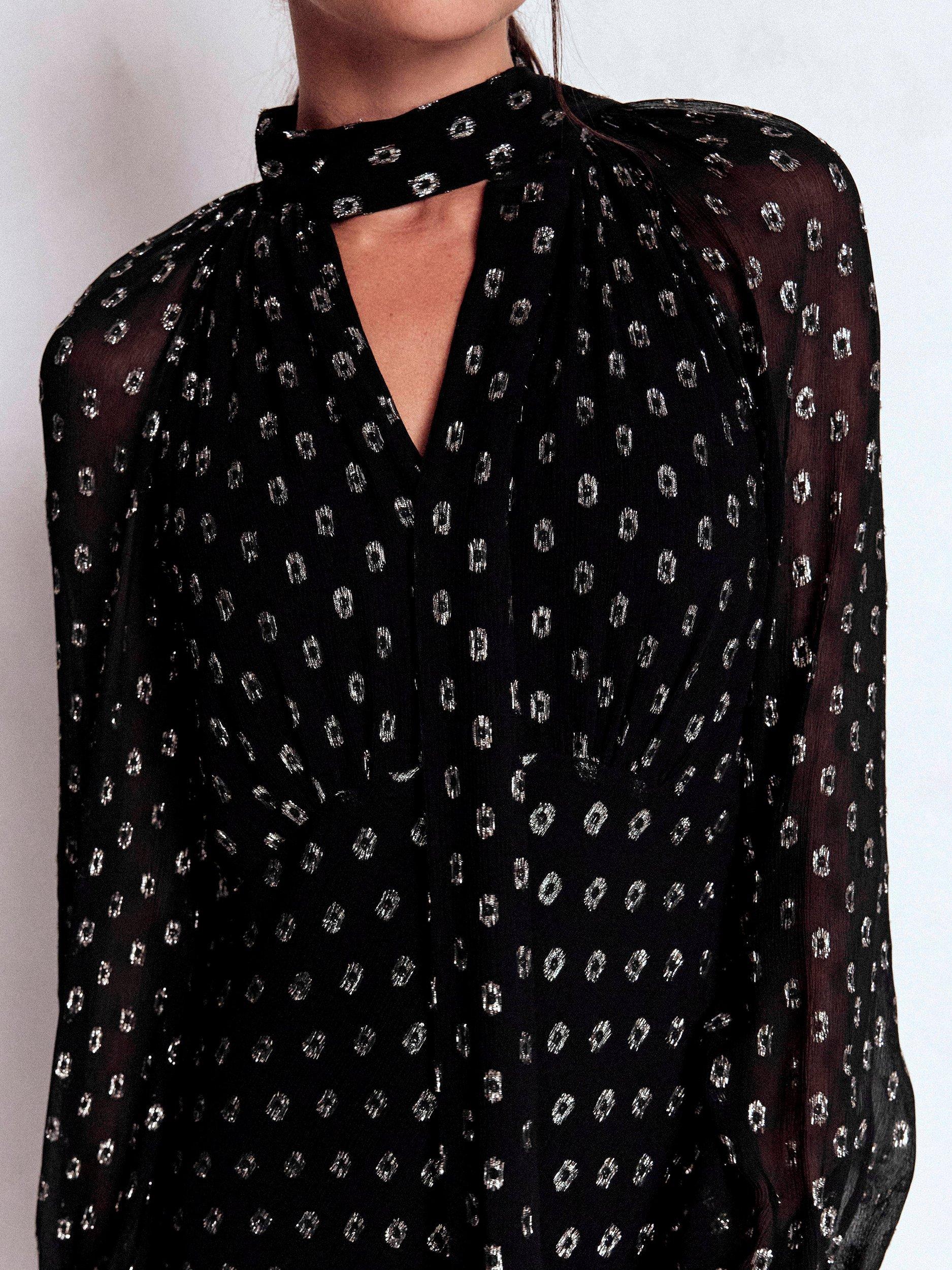 Product image 2 of 6, which shows Boden Spot Tie Neck Midi Dress, Black/Silver, 18