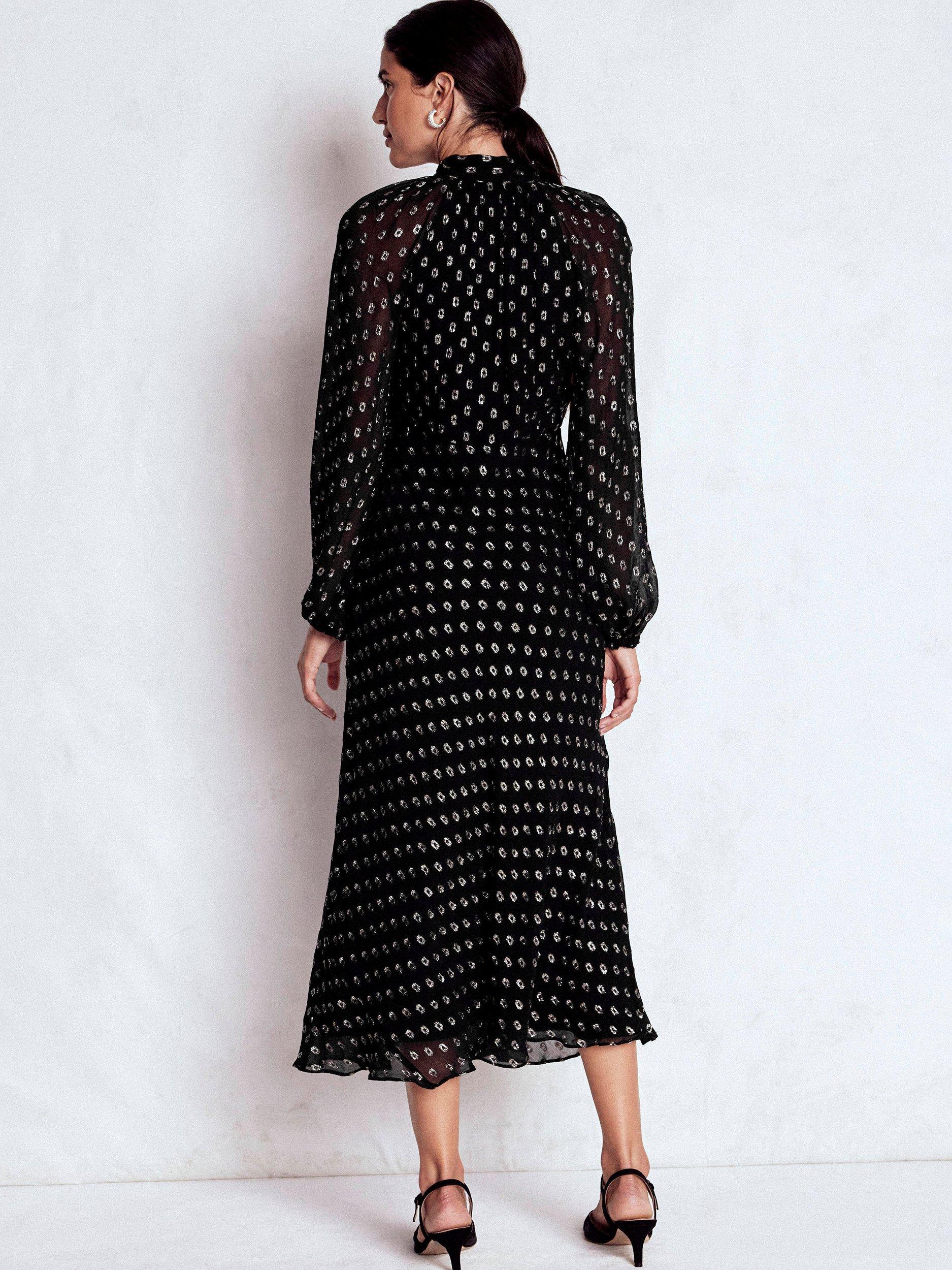 Product image 3 of 6, which shows Boden Spot Tie Neck Midi Dress, Black/Silver, 18