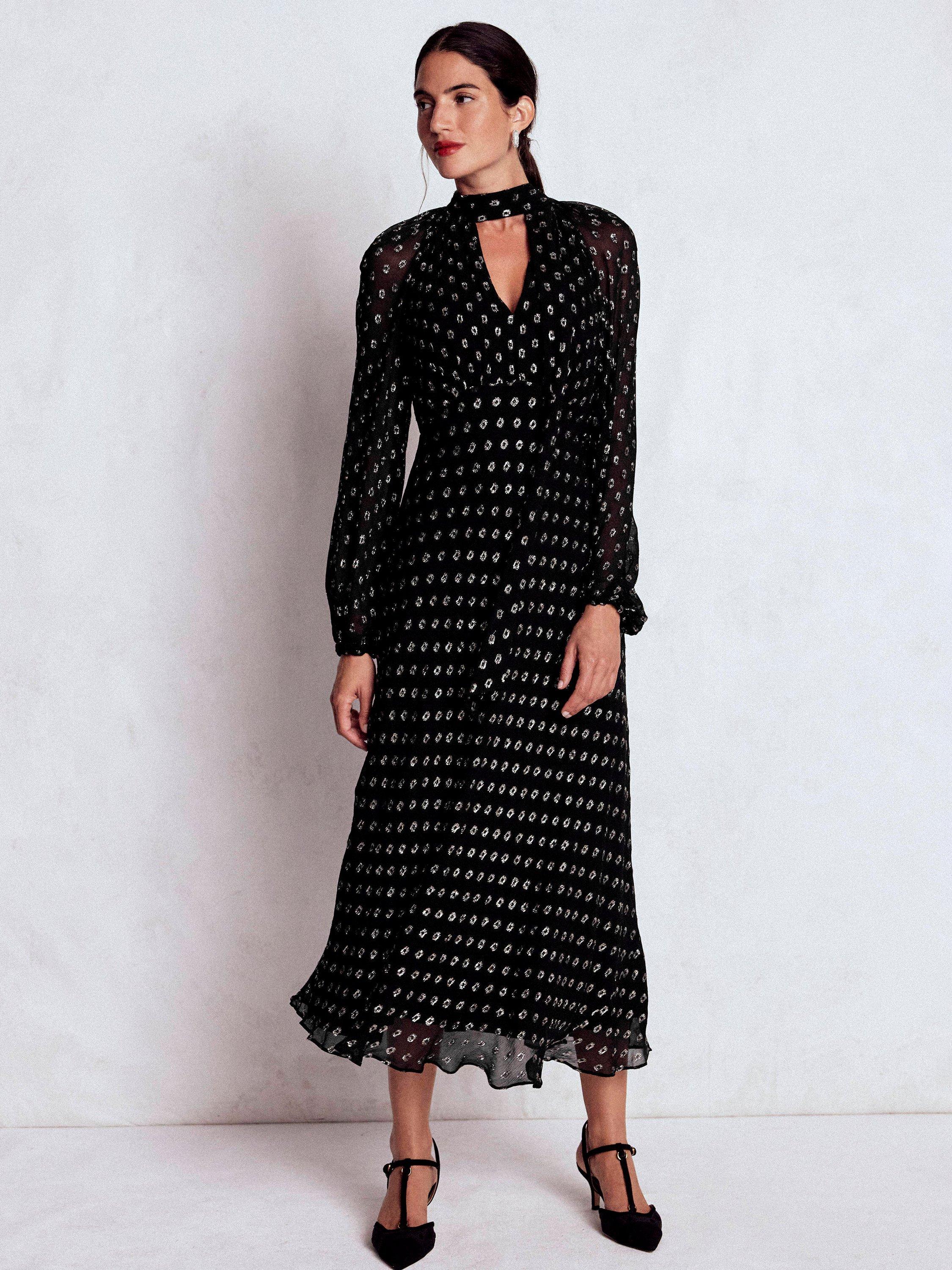 Product image 4 of 6, which shows Boden Spot Tie Neck Midi Dress, Black/Silver, 18