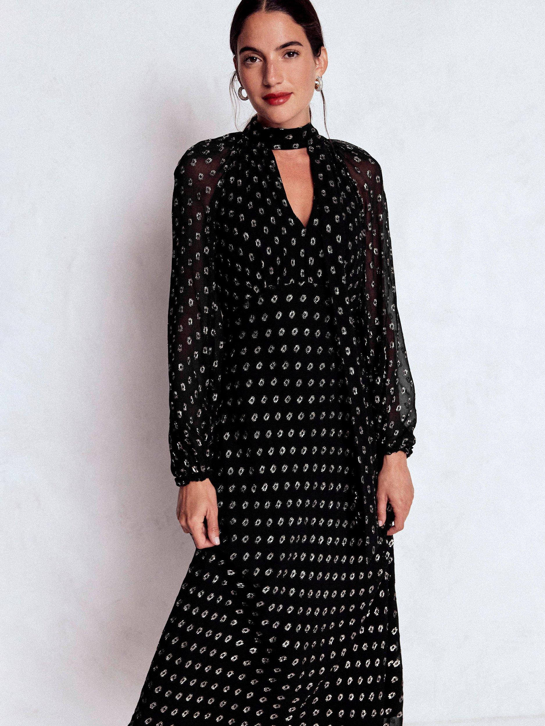 Product image 5 of 6, which shows Boden Spot Tie Neck Midi Dress, Black/Silver, 18