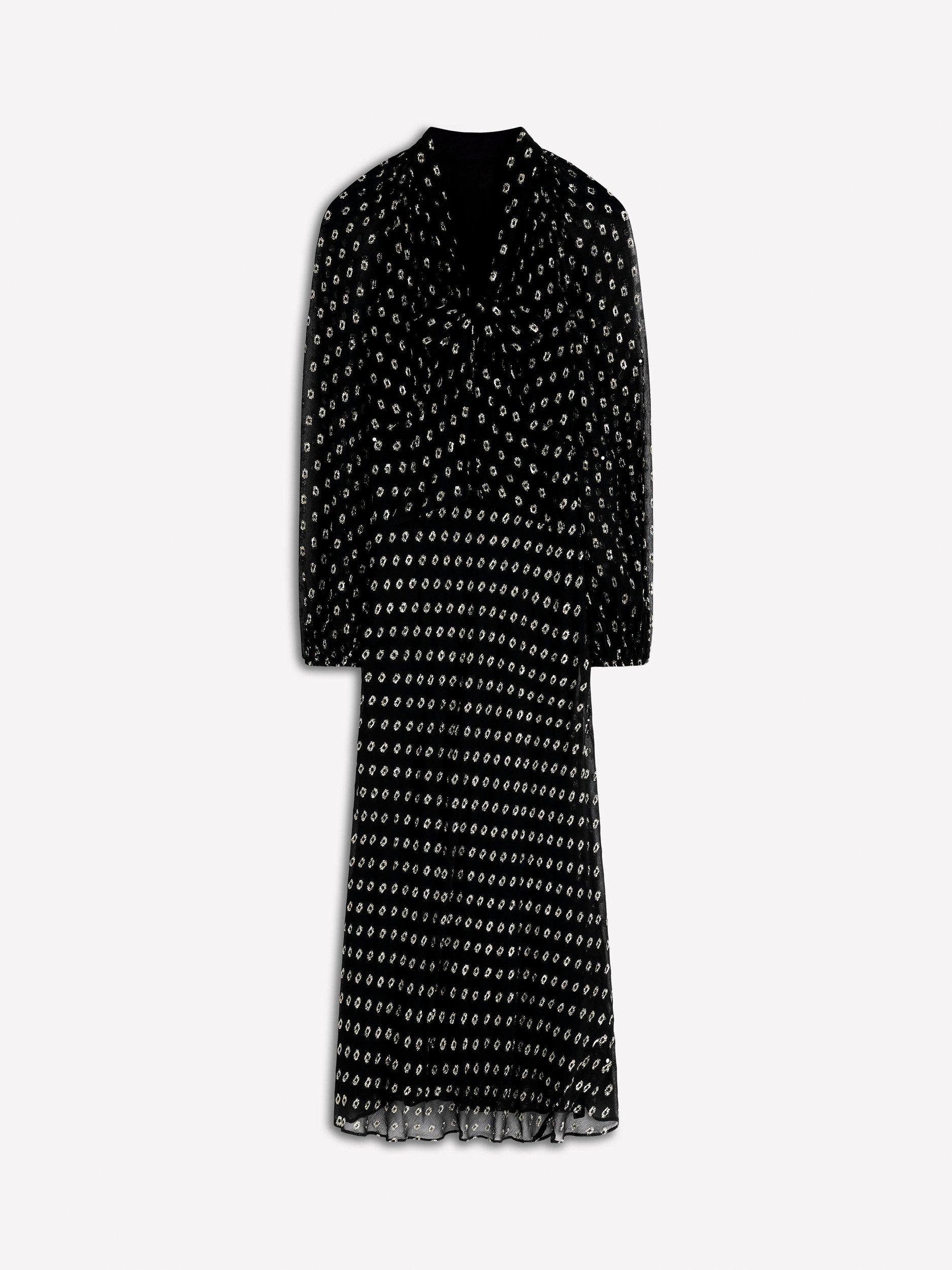Product image 6 of 6, which shows Boden Spot Tie Neck Midi Dress, Black/Silver, 18