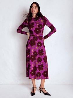 Boden Floral Round Neck Ruched Jersey Midi Dress, Purple/Multi