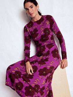 Boden Floral Round Neck Ruched Jersey Midi Dress - view 2, Purple/Multi