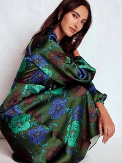 Boden Floral Tie NeckLong Sleeve Satin Midi Dress - view 2, Green/Multi
