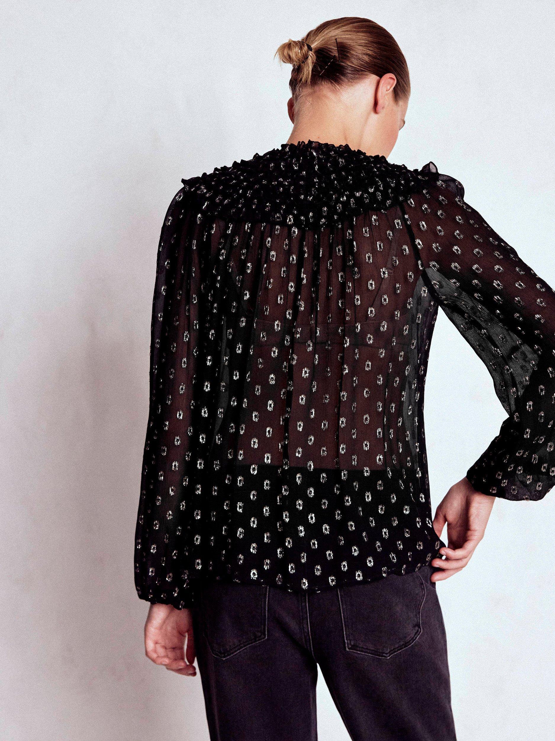 Product image 3 of 7, which shows Boden Isodora Metallic Long Sleeve Round Neck Ruffle Blouse, Black/Multi, 8