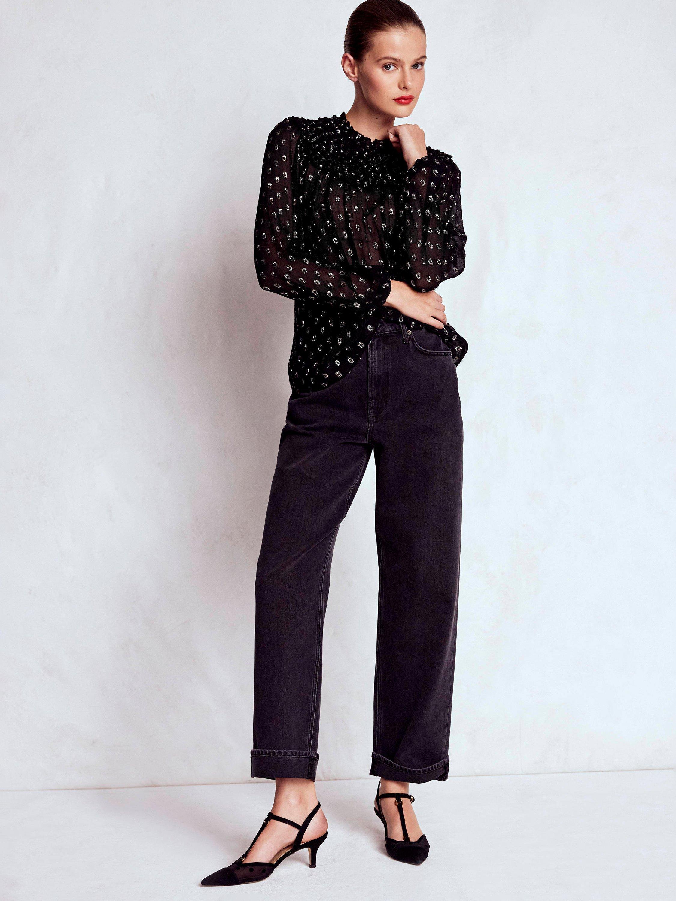 Product image 4 of 7, which shows Boden Isodora Metallic Long Sleeve Round Neck Ruffle Blouse, Black/Multi, 8