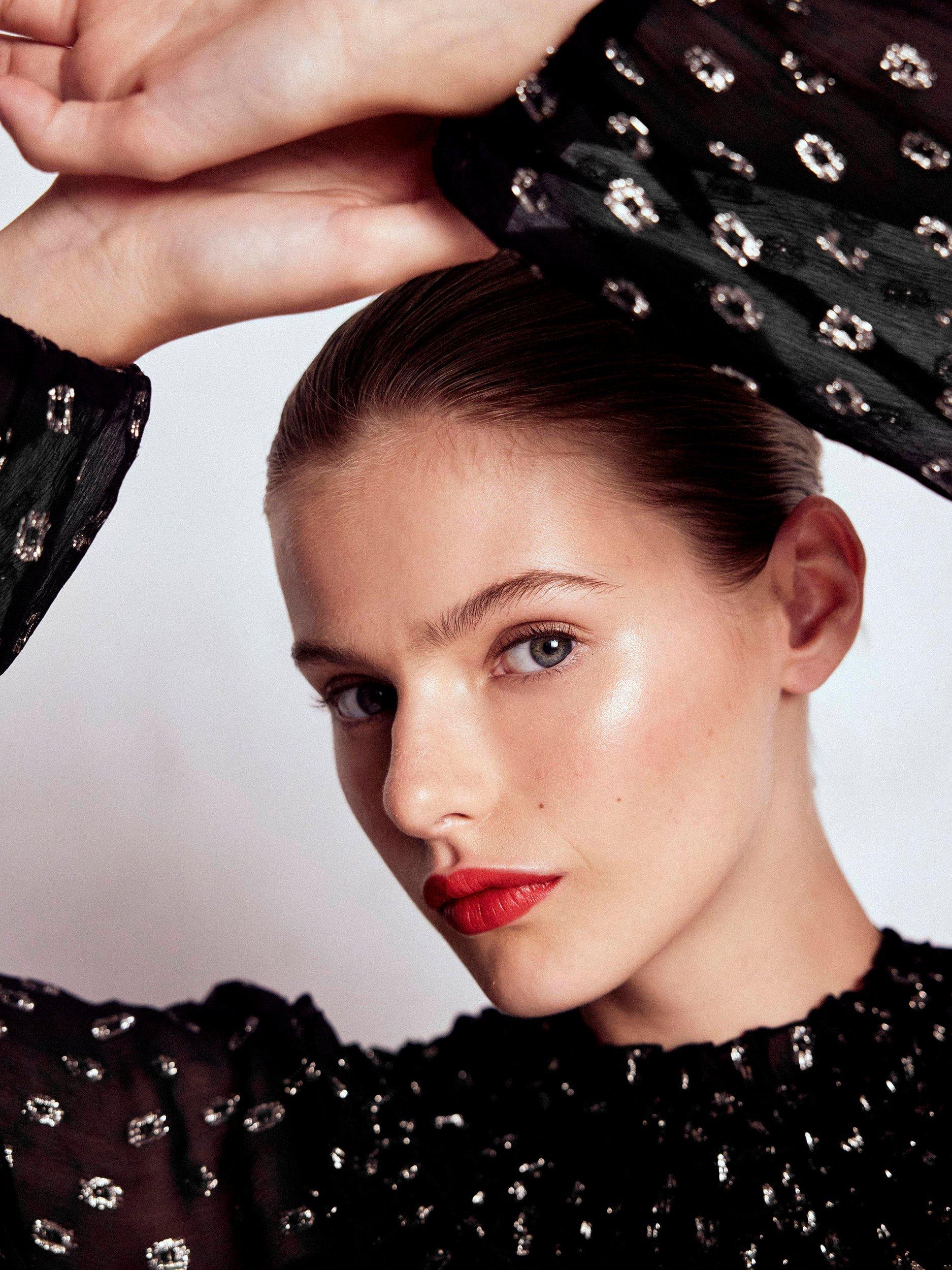 Product image 5 of 7, which shows Boden Isodora Metallic Long Sleeve Round Neck Ruffle Blouse, Black/Multi, 8