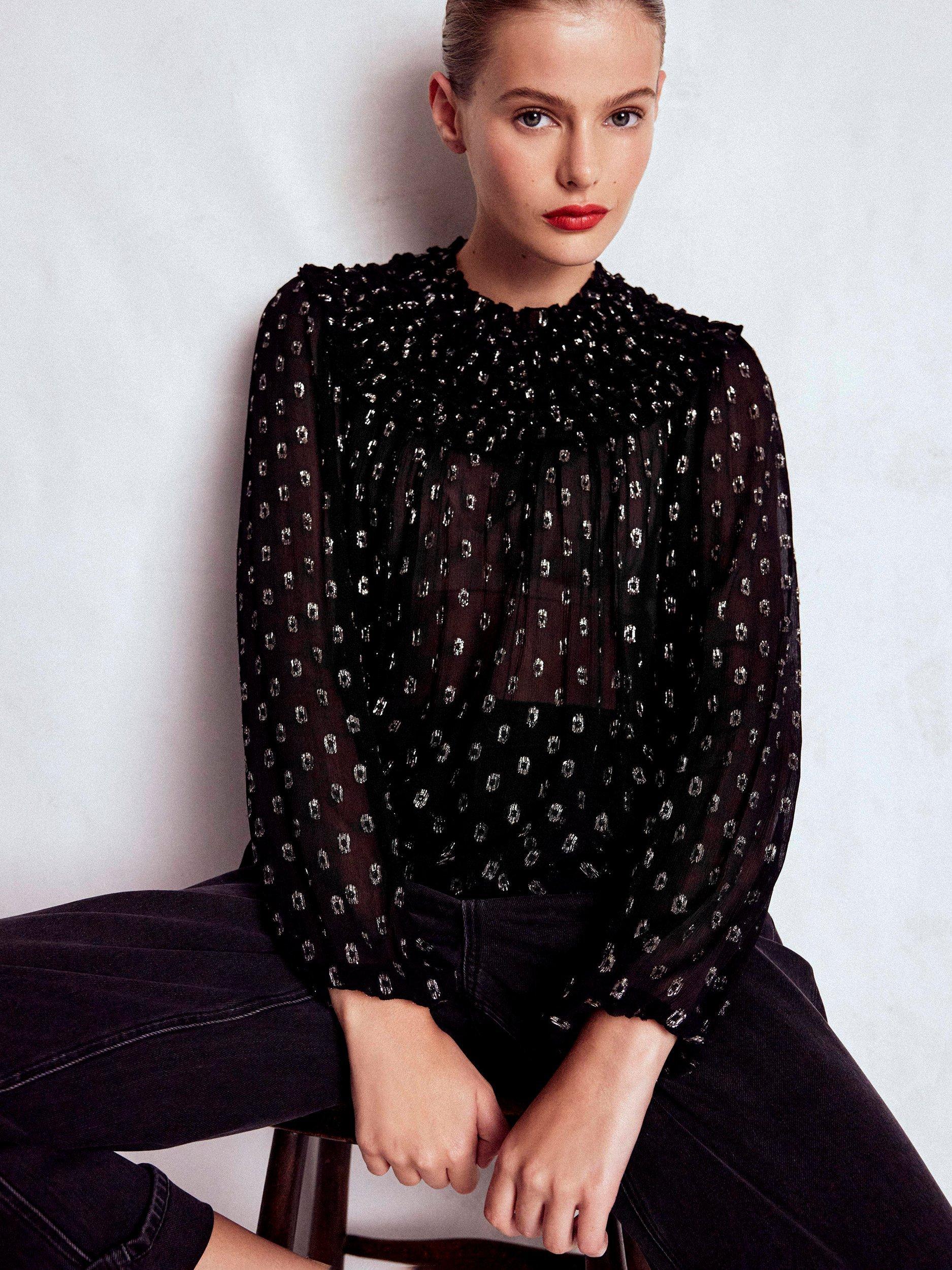 Product image 6 of 7, which shows Boden Isodora Metallic Long Sleeve Round Neck Ruffle Blouse, Black/Multi, 8