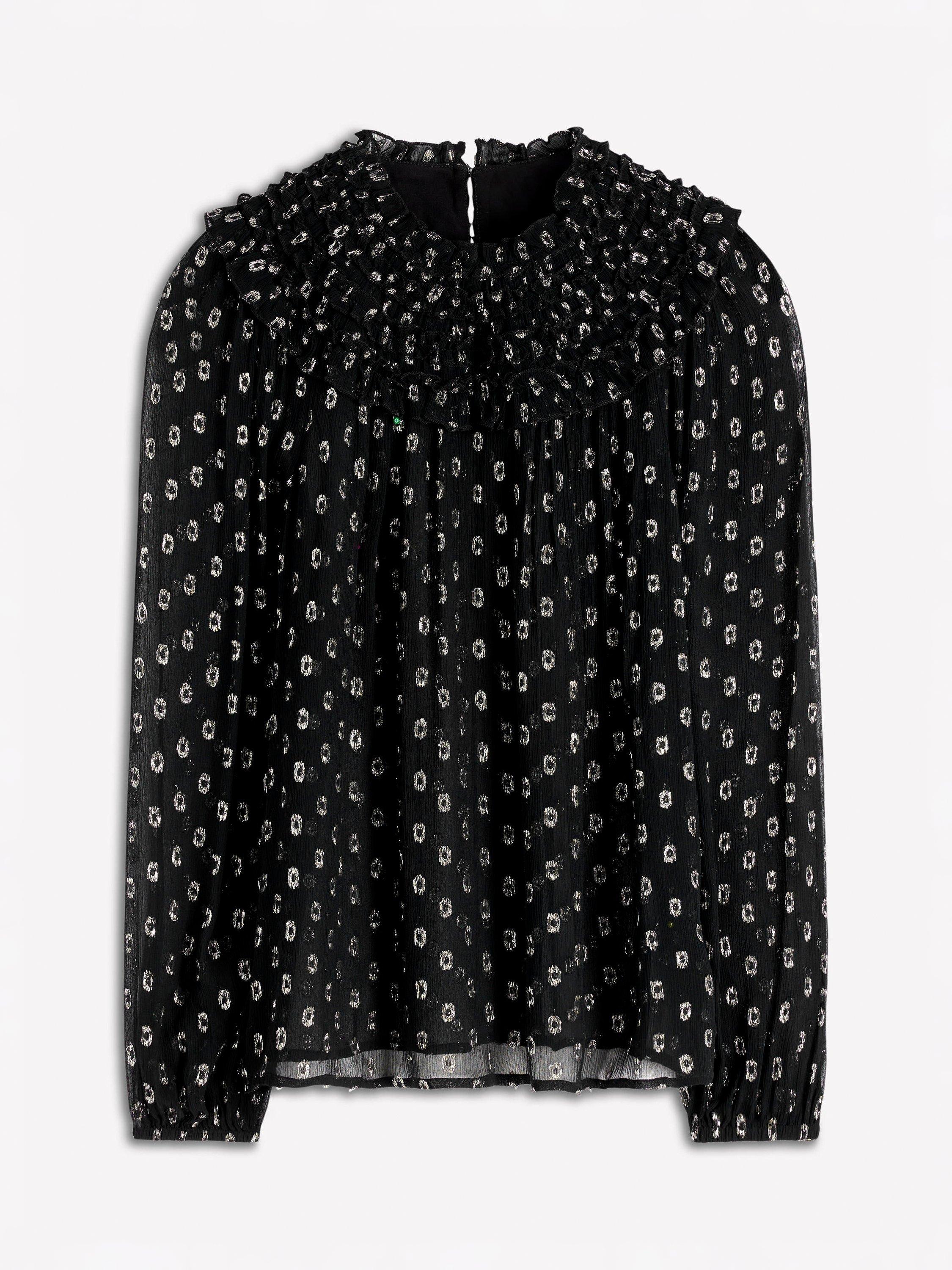 Product image 7 of 7, which shows Boden Isodora Metallic Long Sleeve Round Neck Ruffle Blouse, Black/Multi, 8