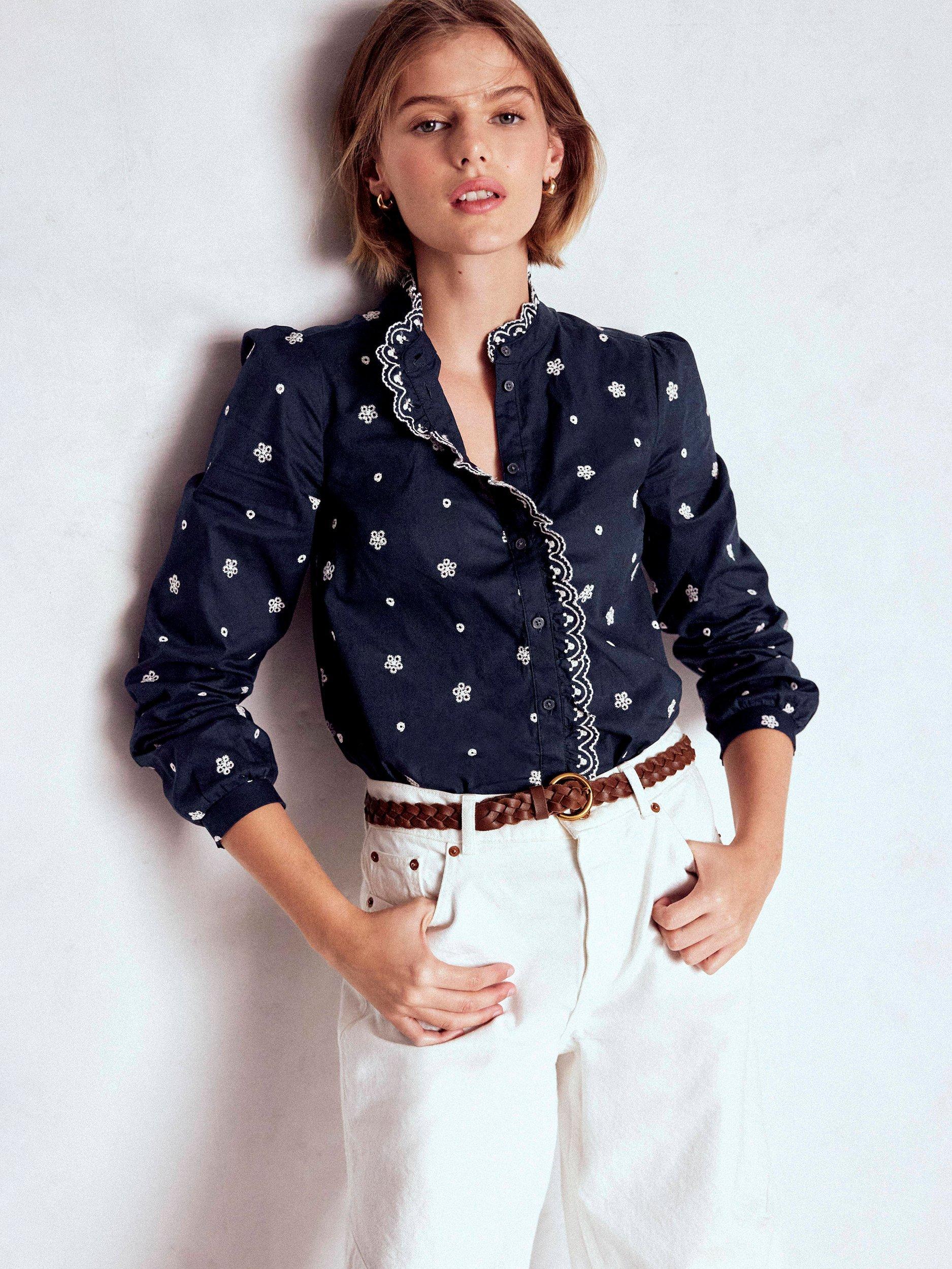 Boden Helena Embroidered Top, Navy/White