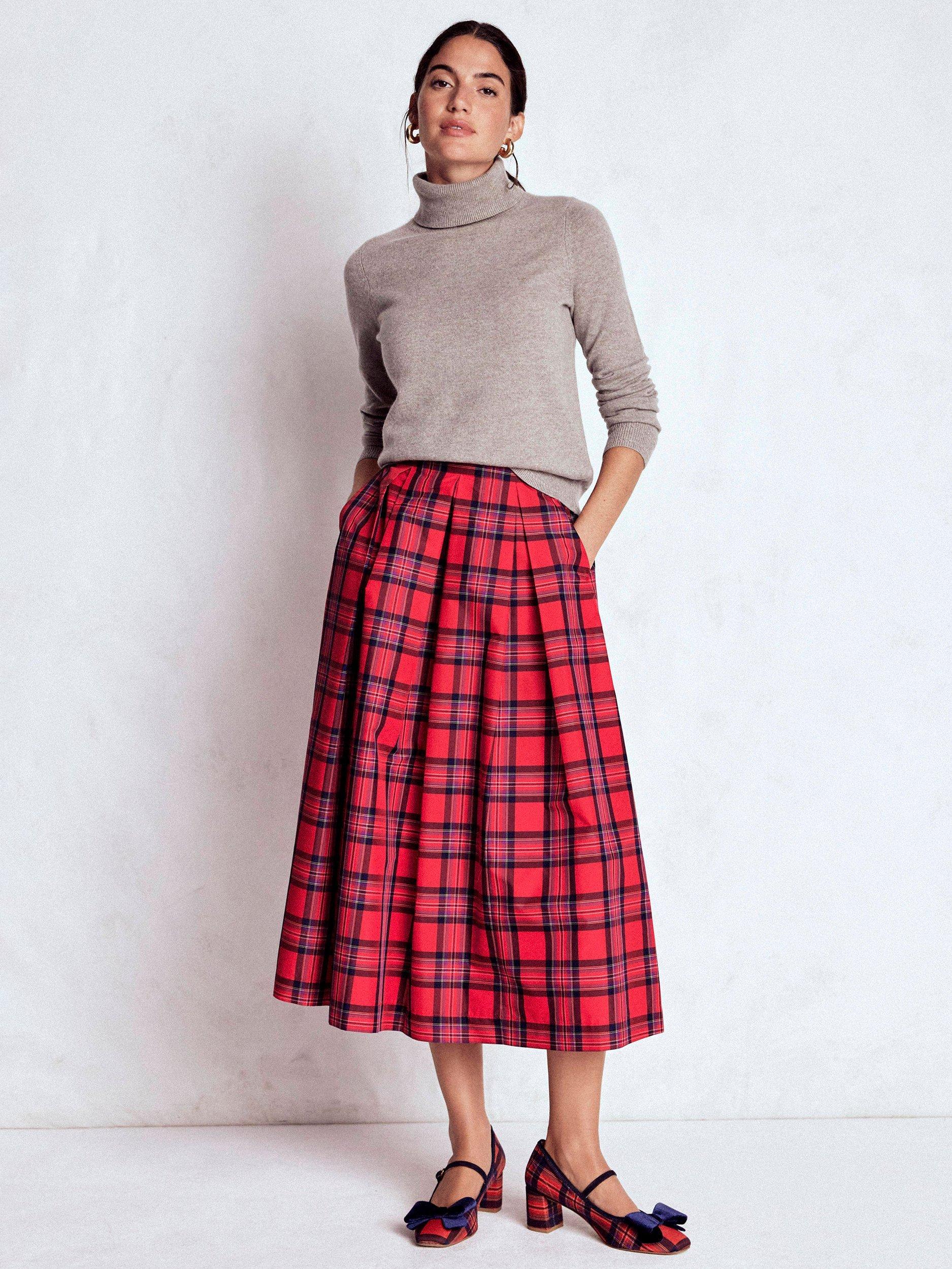 Product image 1 of 6, which shows Boden Verity Check Midi Skirt, Red/Navy, 8